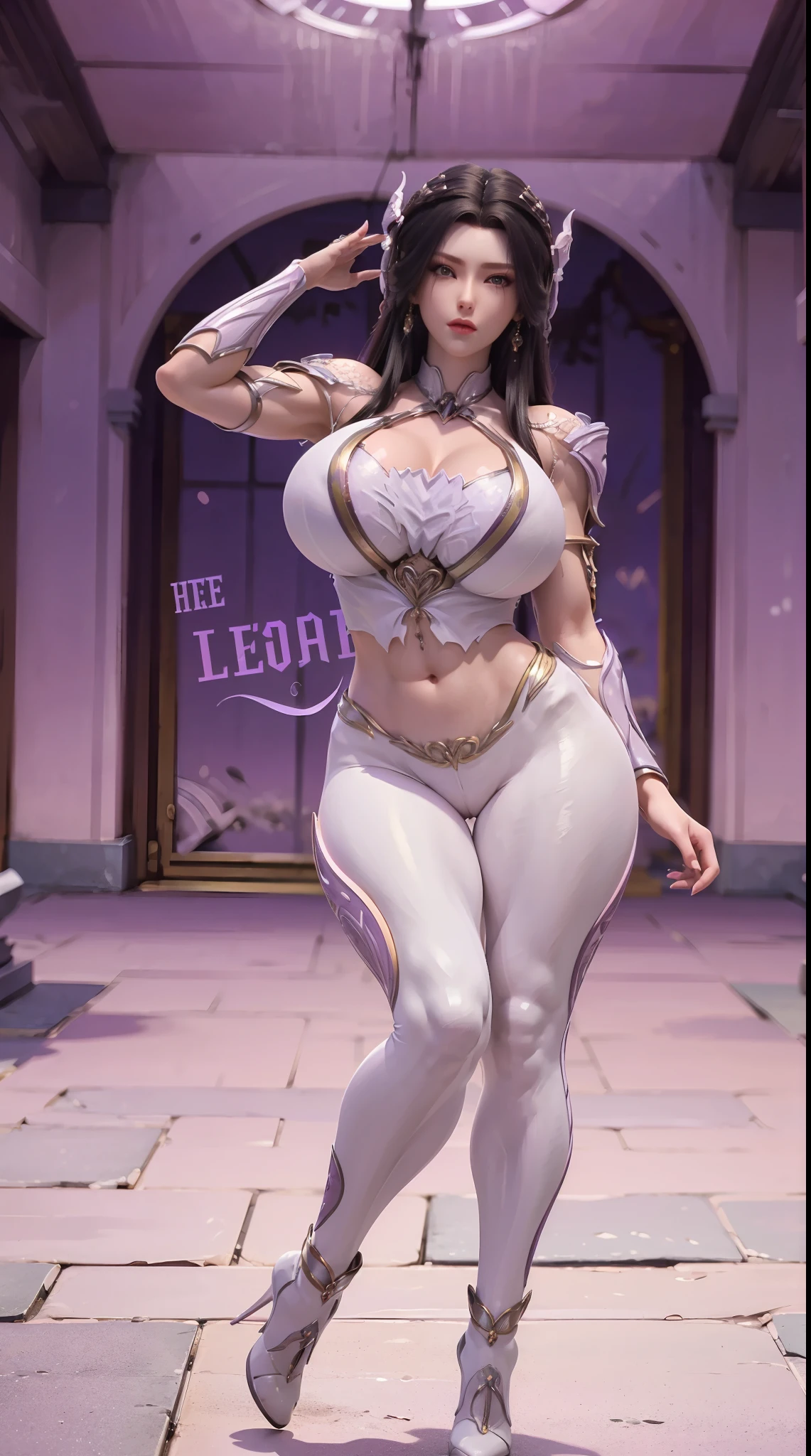 (DRAGON QUEEN HELM), (ULZZANG), (HUGE FAKE BOOBS:1.2), (PURPLE, WHITE), (FUTURISTIC MECHA CROP TOP:1), (CLEAVAGE), (SKINTIGHT YOGA PANTS:1), (HIGH HEELS), (PERFECT BODY:1.2), (FULL BODY:1.2), (LOOKING AT VIEWER), (STANDING:1.3), SEXY BODY, (MUSCLE ABS:1.3), UHD, 8K, 1080P.