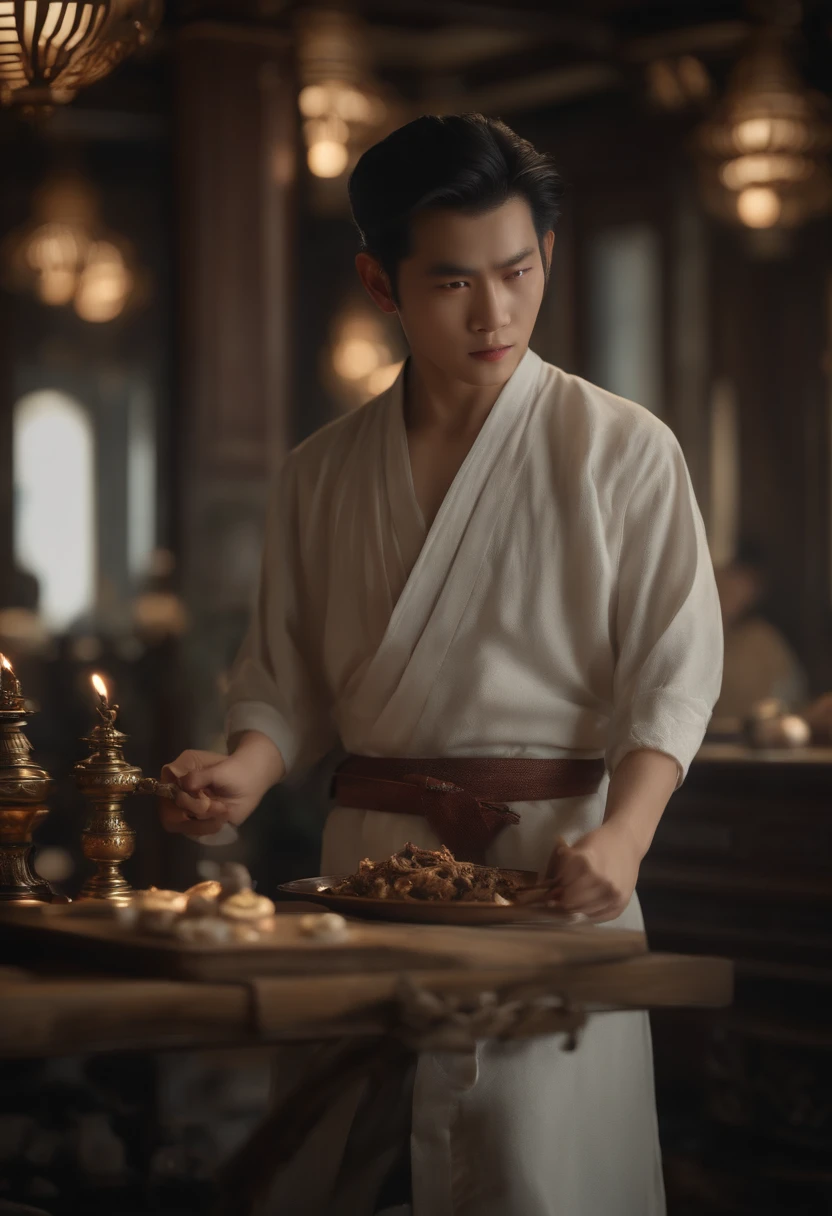{{{Masterpiece}}}, {Extremely delicate and beautiful}, (Solo:1.5), (Best quality:1.2), (超高分辨率, Photorealistic, RAW photo:1.4), 8K, Cinematic lighting, Beautiful lighting, Professional lighting, Physically-based rendering, フォトンマッピング, ラジオシティ, Detailed and intricate, Detal Face, 1 25-year-old Asian boys' station,Hold a long knife in your hand,Fight among zombies,Ding Zhen, High quality, hdr