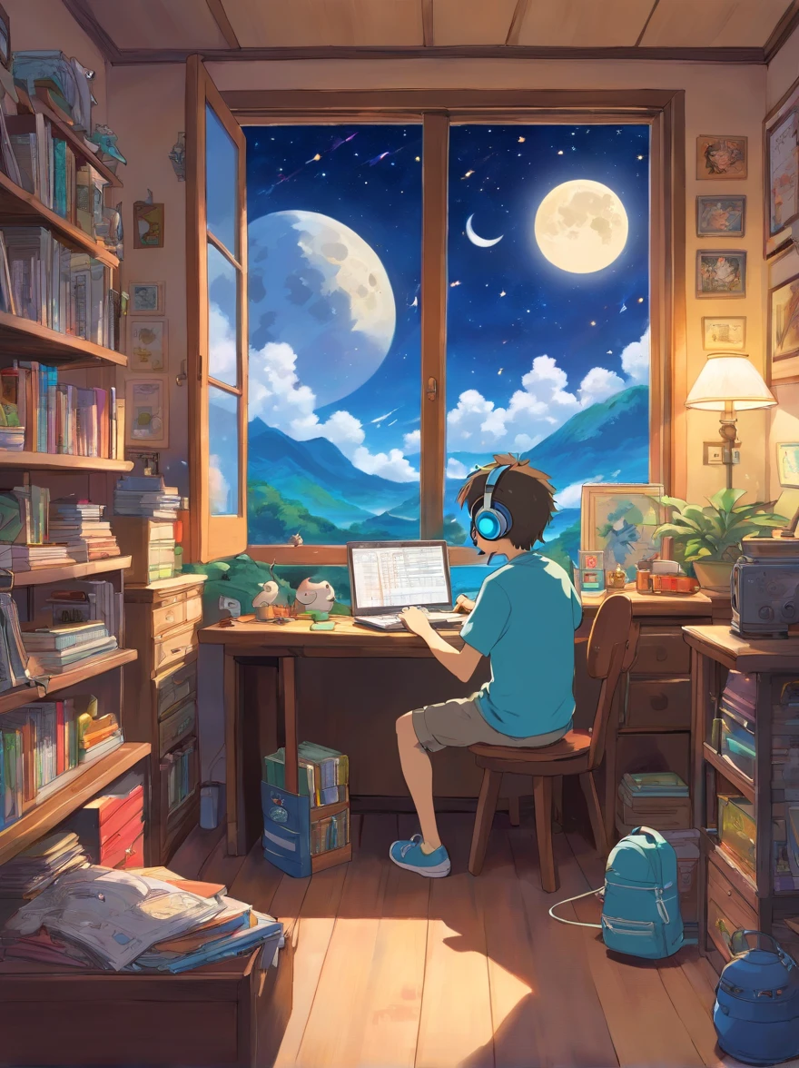 (masutepiece) Boy sitting in his room studying, On his desk, With headphones on, Geek Decoration, Pokémon Plush on the Wall, poster for, Window with moon and stars, Calm, Peaceful, Thinking
