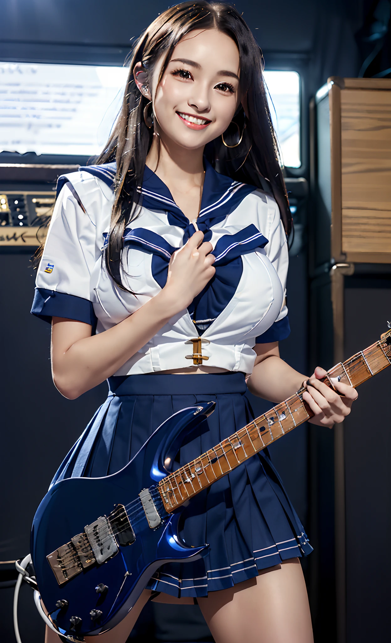 (8K, 超A high resolution, Best Quality, masutepiece:1.1),(18year old:1.1)、(Look away)、8K、RAW portrait of japanese girl、Photorealsitic、超A high resolution、top-quality、 (quite massive chest、Pretty big breasts、Toned and slender body:1.15)(Electric guitar player、plays the electric guitar、a sailor suit、Check Pleated Mini Skirt、Twosome schoolgirls:1.25) (High School Girl Light Music Club、quite massive chest、Pretty big breasts、Hide all breasts、Black hair straight hair、 Super cute、Cute smile、Navy Pleated Mini Skirt、a sailor suit:1.6)