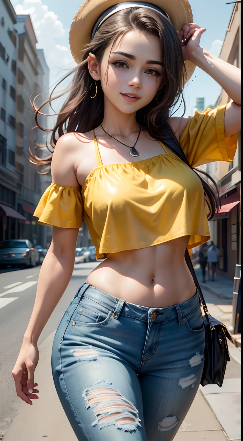 Huge smiling 0.6), (open mouth:0.4), (wide open eyes:1.2) masterpiece,high quality,4k ,((selena Gomez:Emma Watson:0.8)),small yellow Visor hat, bare shoulder,belly, heavy Tattoos on the belly and Arms, wearing Goggles, wearing metallic yellow crop top with open transparent shirt, outdoor, red eyes,jeans,casual dress, walking on the road side.((extremely detailed face)) ((perfect hands))