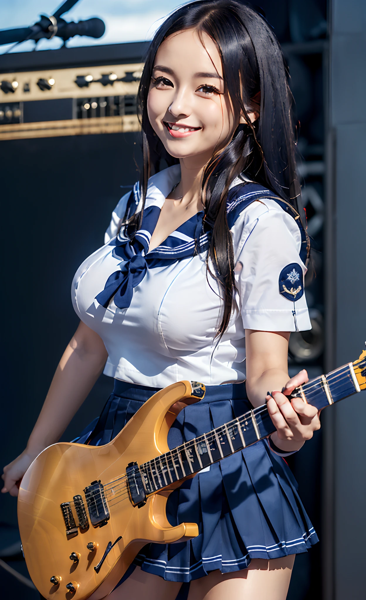 (8K, 超A high resolution, Best Quality, masutepiece:1.1),(18year old:1.1)、(Look away)、8K、RAW portrait of japanese girl、Photorealsitic、超A high resolution、top-quality、 (quite massive chest、Pretty big breasts、Toned and slender body:1.15)(Electric guitar player、plays the electric guitar、a sailor suit、Check Pleated Mini Skirt、Twosome schoolgirls:1.25) (High School Girl Light Music Club、quite massive chest、Pretty big breasts、Hide all breasts、Black hair straight hair、 Super cute、Cute smile、Navy Pleated Mini Skirt、a sailor suit:1.6)