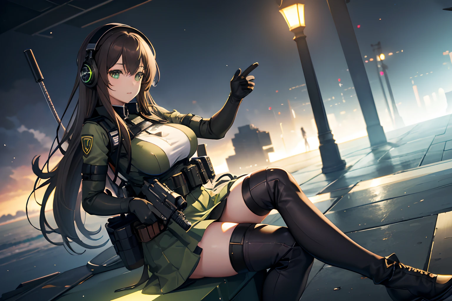 Anime girl, green sparkling eyes, long brown hair, big breast, showing thighs, military helmet, night vision goggles, headphones with microphone, tactical vest, gloves, mini skirt, high stockings, knee-high boots, holding a rifle or aiming a sniper rifle, (best quality, 4k, highres, masterpiece:1.2) ultra-detailed, (realistic, photorealistic:1.37), portraits, vibrant colors, atmospheric lighting.