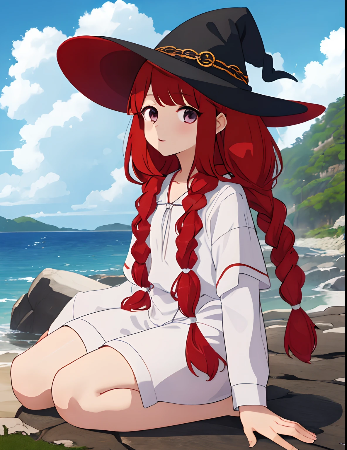 sozinho, Irene, seios grandes, red hair, Peito Inferior, kalap, cabelos longos, witch hat, 1girl, pigtail, seios grandes, twin braids, Luvas, luvas de cotovelo, olhos negros, Olhando para o Viewer,(corpo inteiro), corpo voluptuoso esbelto