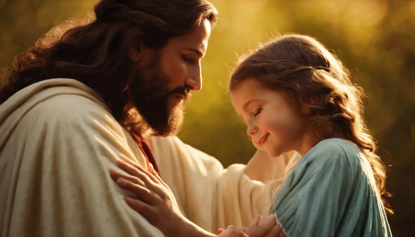 Jesus blessing a : An image of Jesus placing his loving hands on a childad, Blessing her with affection.