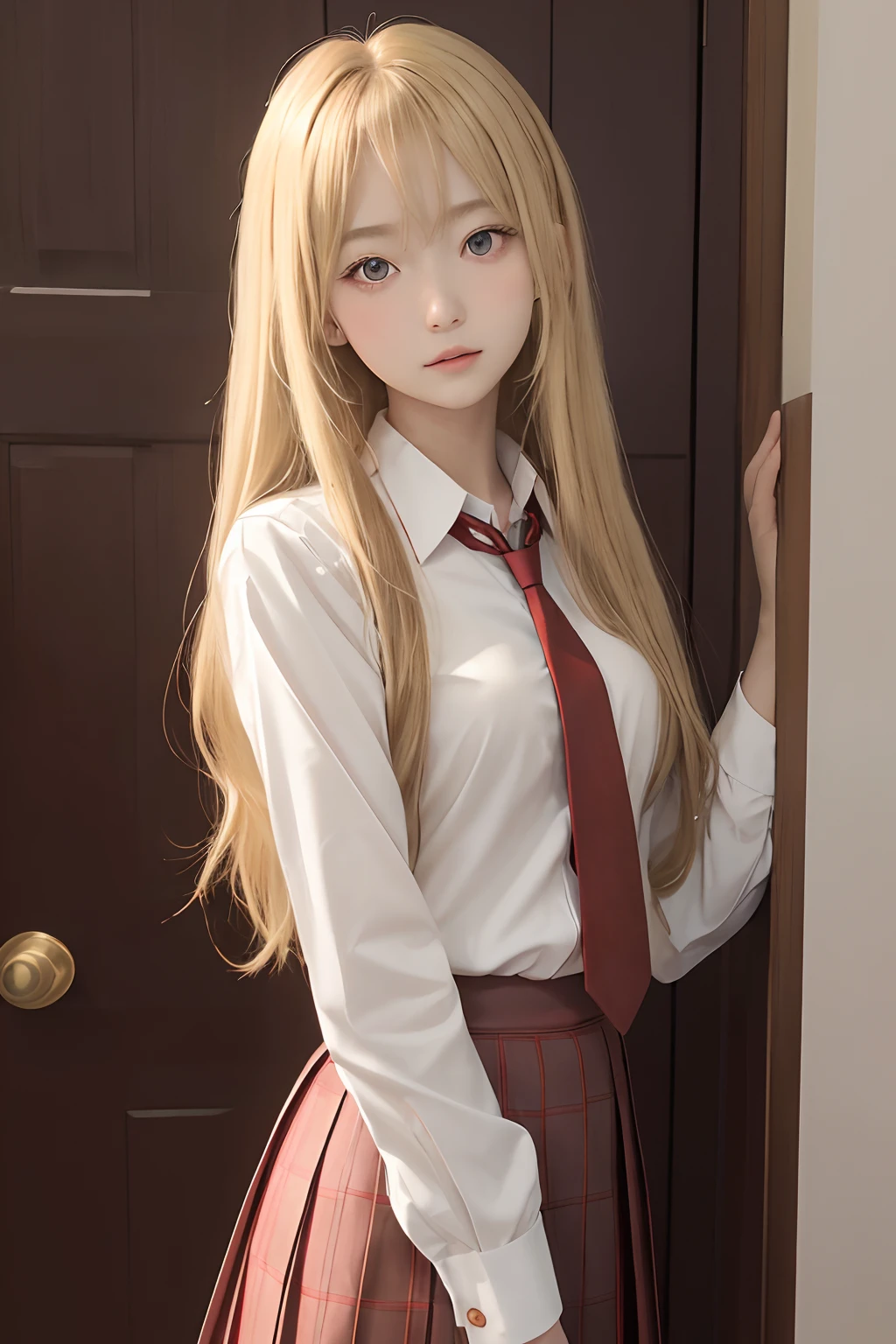 best quality, masterpiece, highres, solo, {shiina_mashiro_sakurasounopetnakanojo:1.15}, blonde_hair, long_hair, red_eyes, brown_eyes, 1girl, necktie, school_uniform, looking_at_viewer