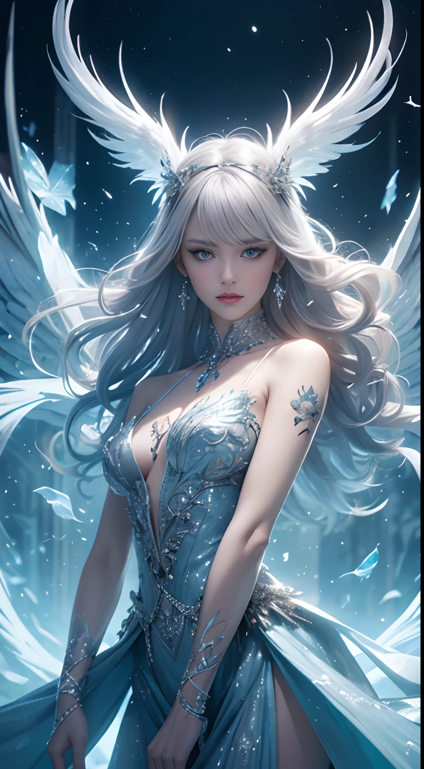 (Best Quality,4K,High resolution), human wolf，(Best Quality,4K,High resolution),silvery-white hair on a white body, Body with white hair all over the body,， transform,An abnormal，sharp eye，Luminescent blue eyes，Facial expression enhancement，，Changing the Appearance of a Transform，beast，Beastification，buttle，Delicate illustrations drawn in detail，Realistic skin texture expression，Realistic portrayal，Vibrant colors，expresive，Classic background(Best Quality,4K,High resolution), Comical appearance，(Best Quality,4K,High resolution), 18yo woman, Blue highlights of gray hair, Long hair, Straight hair, Cool Woman,Wolfification of a man，Cold eyes ,sharp eye，intricately decorated torn feather robes，comic strip，animesque，Comical illustration，busy，Deformed cute illustration，Full body projection，Fighting，Halloween，Dark worldview