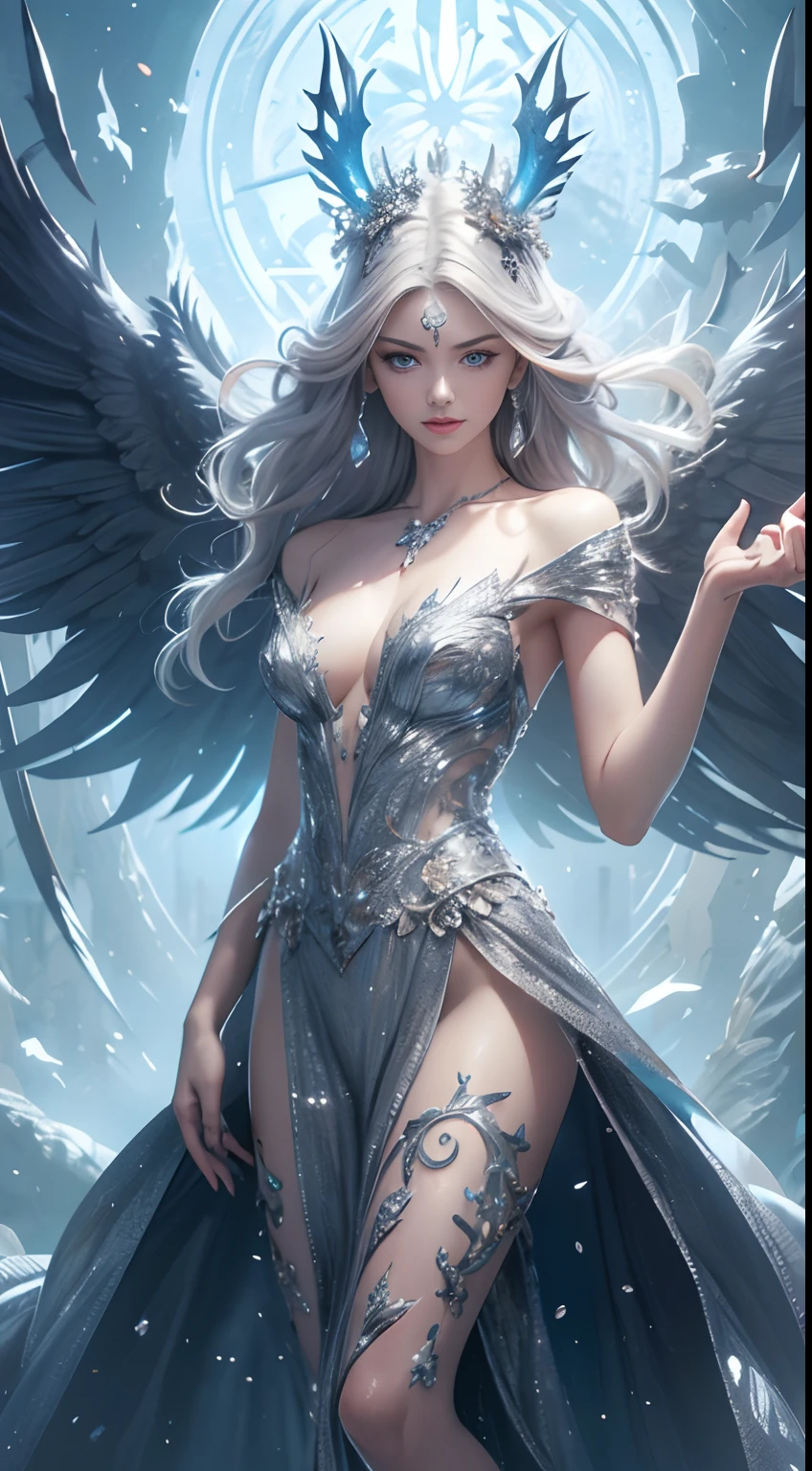 (Best Quality,4K,High resolution), human wolf,(Best Quality,4K,High resolution),silvery-white hair on a white body, body with gray hair all over the body,,, transform,An abnormal,sharp eye,Luminescent blue eyes,Facial expression enhancement,,Changing the Appearance of a Transform,beast,Beastification,buttle,Delicate illustrations drawn in detail,Realistic skin texture expression,Realistic portrayal,Vibrant colors,expresive,Classic background(Best Quality,4K,High resolution), Comical appearance,(Best Quality,4K,High resolution), 18yo woman, Blue highlights of gray hair, Long hair, Straight hair, Cool Woman,Wolfification of a man,Cold eyes ,sharp eye,intricately decorated torn feather robes,comic strip,animesque,Comical illustration,busy,Deformed cute illustration,Full body projection,Fighting,Halloween,Dark worldview