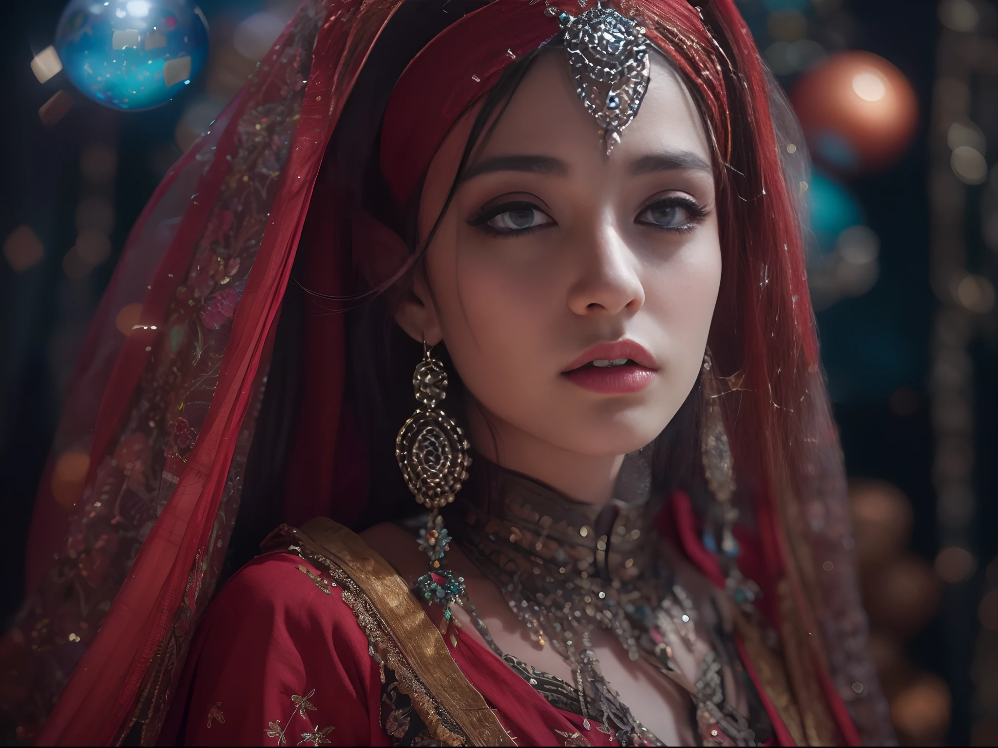 Dilraba Dilmurat as Space Alien android Gypsy fortuneteller, futuristic ethnic Romani dress, close up, portrait, round huge crystal ball with stars of galaxy within, heavy makeup, running eyes mascara, very detailed beautiful face, fair smooth glowing skin, red lotus bindi on forehead, magical, ethereal, shimmering veil, photorealistic, hyperrealism, vray, unreal engine, professional photography, DSLR, HDR