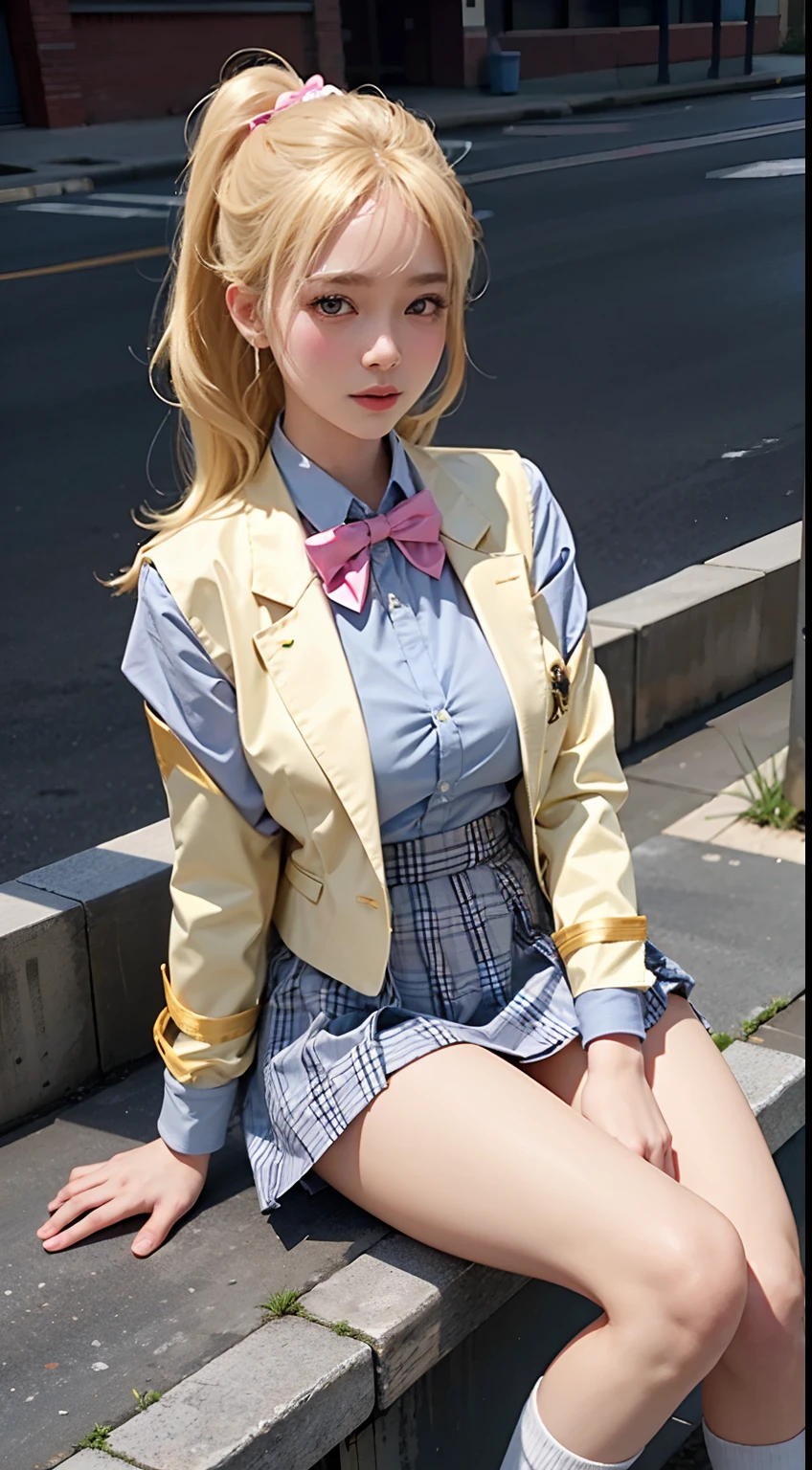 (Masterpiece: 1.3), Best Quality, Ultra High Resolution, 1girll, (big boobs:1.2), (yellow hair, blonde hair, hair ornament), ((girl Ruby Hoshino)) pe rfect eyes, has an extremely sexy body, with full breasts and a thin waist, and an extremely sexy body, black vest, socks, brown footwear, bow, school uniform, shoes, jacket, white socks, bow tie, casual shoes, pink bow, gray skirt, blue jacket, open jacket, shirt, white skirt , white shirt, long sleeves, , has a bold look. young, quality, Ultra high Detail, realistic, cute expression, shy smile, calm, street, c ity, (sit down)