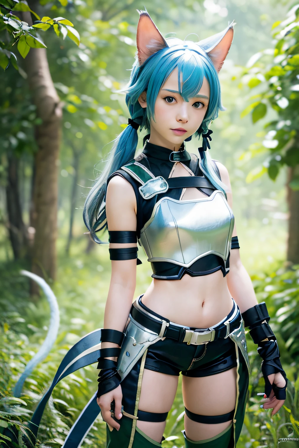 masterpiece, best quality, highres, 1girl, sinon1, animal ears, black ribbon, black shorts, breastplate, hair ribbon, short shorts, cat tail, midriff, fingerless gloves, thigh strap, sidelocks, green armor, shoulder armor, cowboy shot, standing