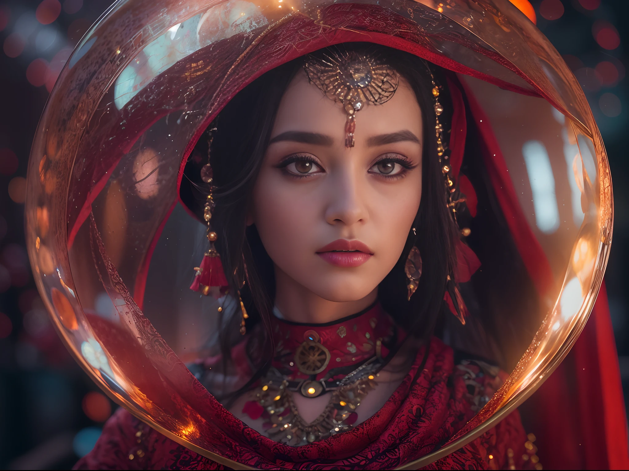 Dilraba Dilmurat as Space Alien android Gypsy fortuneteller, futuristic ethnic Romani dress, close up, portrait, round huge crystal ball with stars of galaxy within, heavy makeup, running eyes mascara, very detailed beautiful face, fair smooth glowing skin, red lotus bindi on forehead, magical, ethereal, shimmering veil, photorealistic, hyperrealism, vray, unreal engine, professional photography, DSLR, HDR