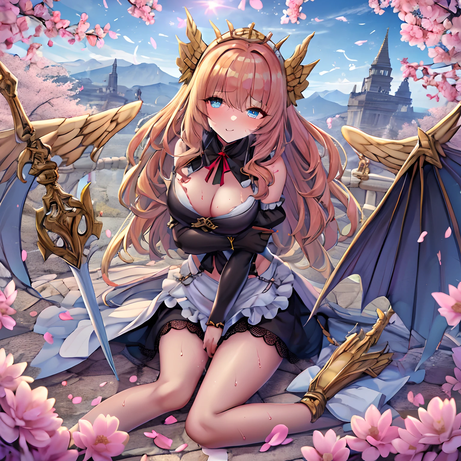 Dynamic series of drawings showing silver-haired and blue-eyed warrior girl., 8K, 超A high resolution, ultra-detailliert, hard disk,(well designed face), Amazing face, (super detailed), Beautiful eyes, Soft lighting,, Outdoors, A city scape,, urushisato,1980s,, Beautiful detailed eyes,Mechanical parts, Asymmetrical hair,thigh highs, latex suit,cleavage,ung aristocratic maid woman)((Black ruffled maid outfit with luxurious embroidery))((Heavy drool))((Very angry look))((red blush))((Painful and troubled face))((The face of suffering and perseverance))((Heavy sweat on the face,)((Heavy sweat spreading all over the body)))Girl with a troubled face、nightcity、Sateen、Kimono without sleeves、A dark-haired、Holding a weapon with blood on it、Looking at the camera、Cherry blossoms are dancing，Unusually resistant、red blush、shrine maiden、valkyrie、Angel wings、a navel、sideboob barbosa、with an intricate、Particles of light、thighs thighs thighs thighs、shinny skin、Perfect litthing、1girl in、looking at the viewers、Winged headgear、pelvis curtain、A smile、(​masterpiece)、(top-quality)、tiny chest、Porcelain Skin、Very long hair、hair wavy、Royal sister，femele，A queen，putting on a crown，There are a lot of golden lightning around，sitting in a throne，Bangs cover the eyes，Black Suspender Socks，Black Lace Top，，High jump，Grab Erlang's leg，，Black Silk Top，domineering，smil，The corners of the mouth are raised，Red and gold eyes，Black silk erotic underwear，Black top，Black Silk Gloves，I have a gorse tattoo on my chest and thigh，There are many golden dragon scales on the arms，There are many golden dragon scales on the neck，Bright eye，dragon eyes，Snake's Eye，Upright pupils，There are golden stripes on the clothes，There is a golden pattern on the clothes，The socks have a golden pattern，tall figure，Expose the outside of the chest，Twisted blade hanging over the shoulder，Smaller breasts、With elongated dragon horns，Giant Golden Dragon Wings，Giant Golden Dragon Wings，Huge golden dragon wings as big as a body，The b