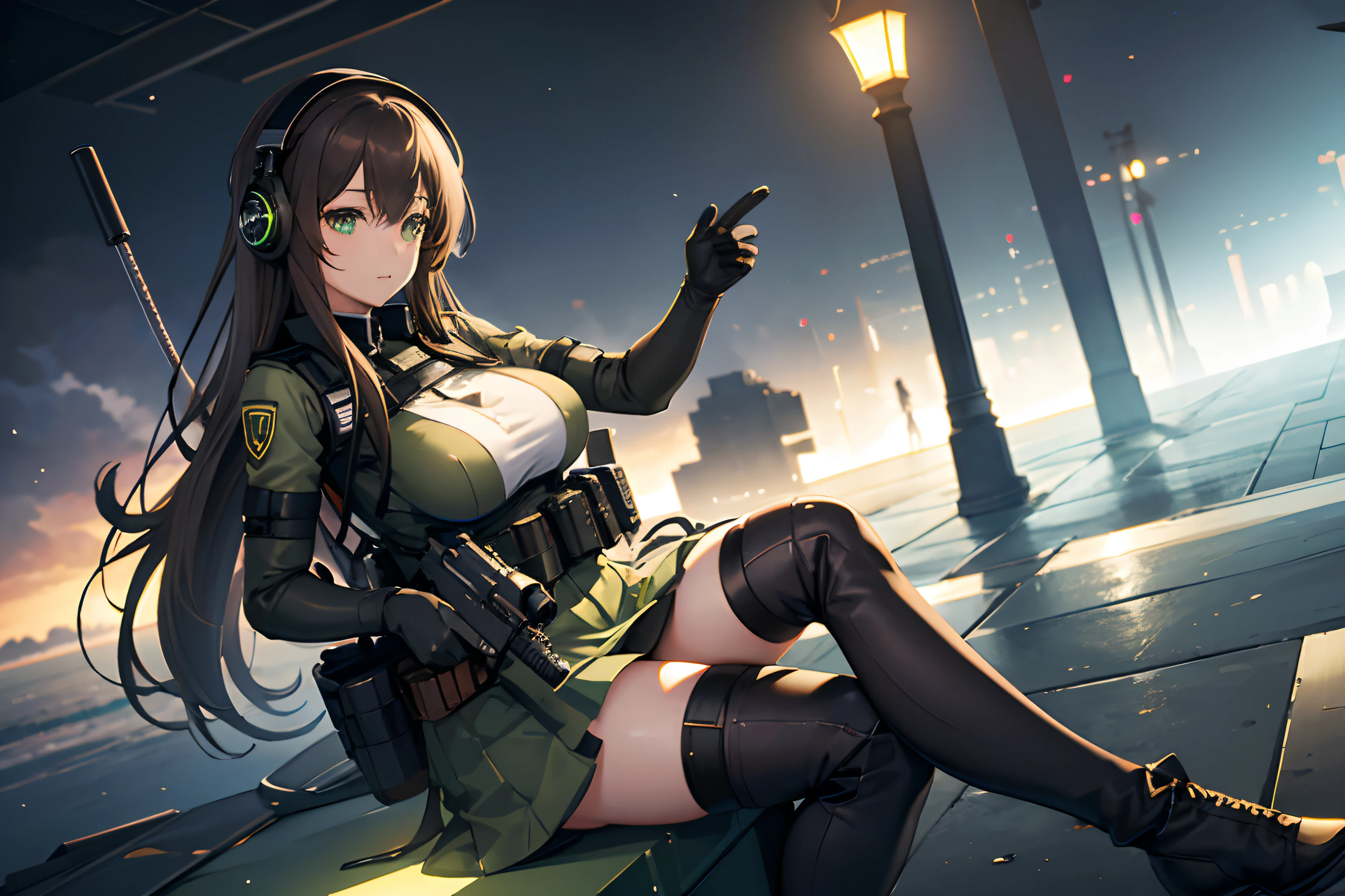 Anime girl, green sparkling eyes, long brown hair, big breast, showing thighs, military helmet, night vision goggles, headphones with microphone, tactical vest, gloves, mini skirt, high stockings, knee-high boots, holding a rifle or aiming a sniper rifle, (best quality, 4k, highres, masterpiece:1.2) ultra-detailed, (realistic, photorealistic:1.37), portraits, vibrant colors, atmospheric lighting.