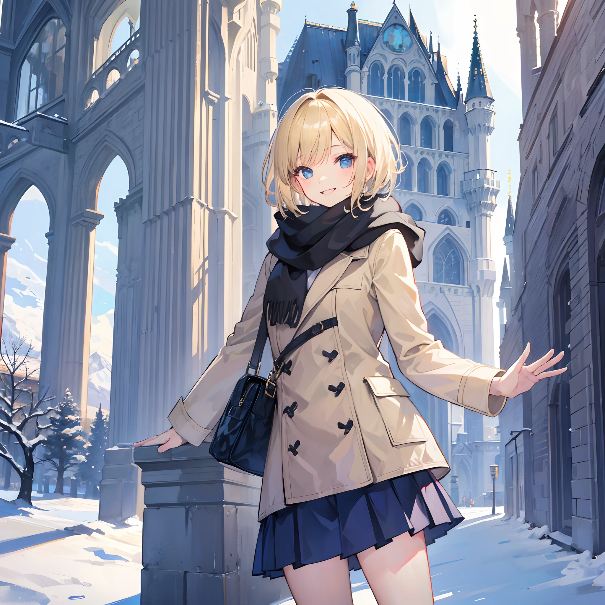 Masterpiece, 1 girl, smiling, european, winter coat, scarf, skirt, (small) chillerism, short blonde hair, Neuschwanstein Castle