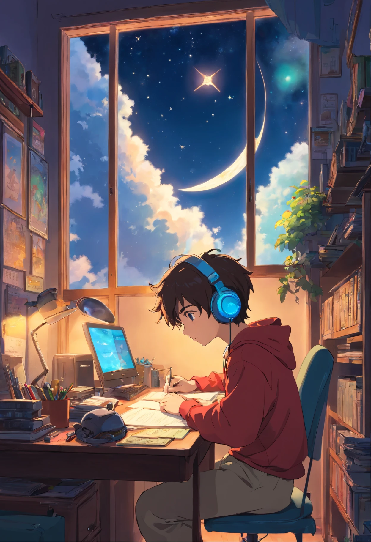 (masterpiece) a boy (male) studying sitting in his room, over his desk, with headphones on, nerd decoration, video game on the wall, posters, window showing the moon and stars, calm, peacefull, thinking, Cinematic, Color grading, beautifully color-coded,