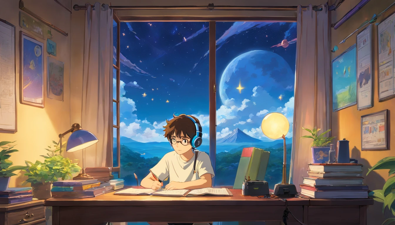 (masterpiece) a boy (male) studying sitting in his room, over his desk, with headphones on, nerd decoration, video game on the wall, posters, window showing the moon and stars, calm, peacefull, thinking, Cinematic, Color grading, beautifully color-coded,