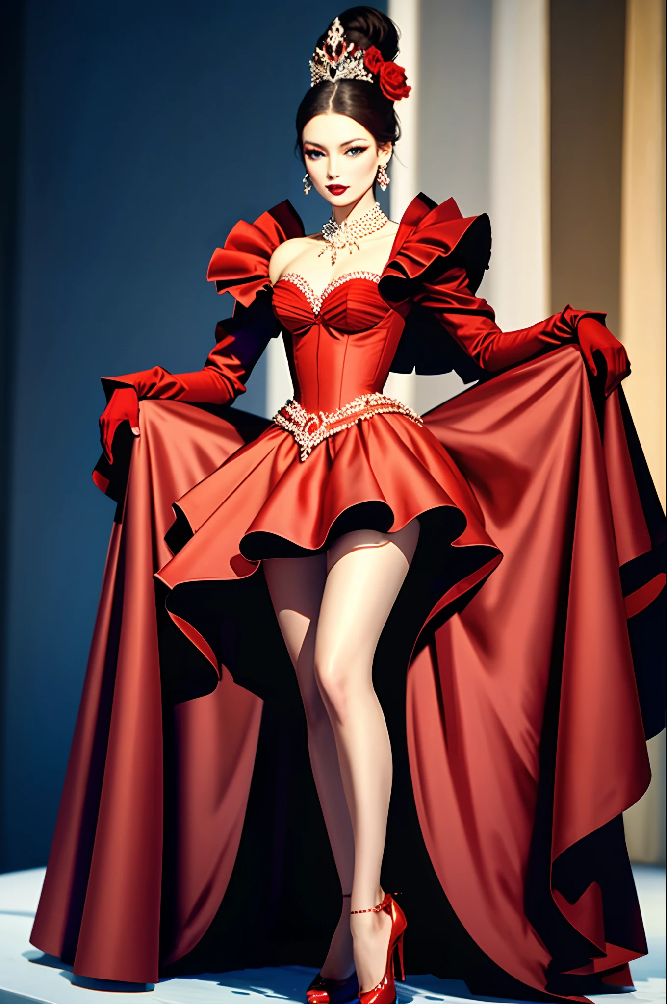 ((Masterpiece, Best quality,Edge quality)),face expressionless，Slim body，High percentage,(Baroque style，Conservative style，red colour，Plain dress，guard，Dignified and noble，Full body photo of girl standing,Photos of the catwalk from head to toe，High heels,CLASSICSTYLE，edgTM, a woman on the ((Dance performance skirt)) Stand on the catwalk ,dressed stylishly, red style，Rococo dress，
