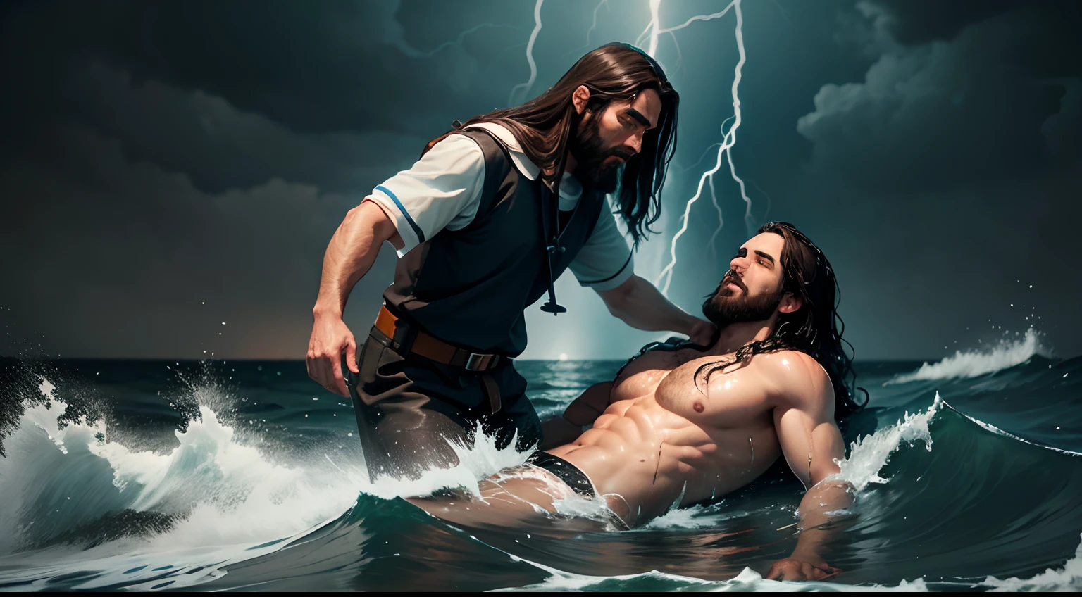 Jesus helping a drowning man in a violent sea with thunder in the dark sky