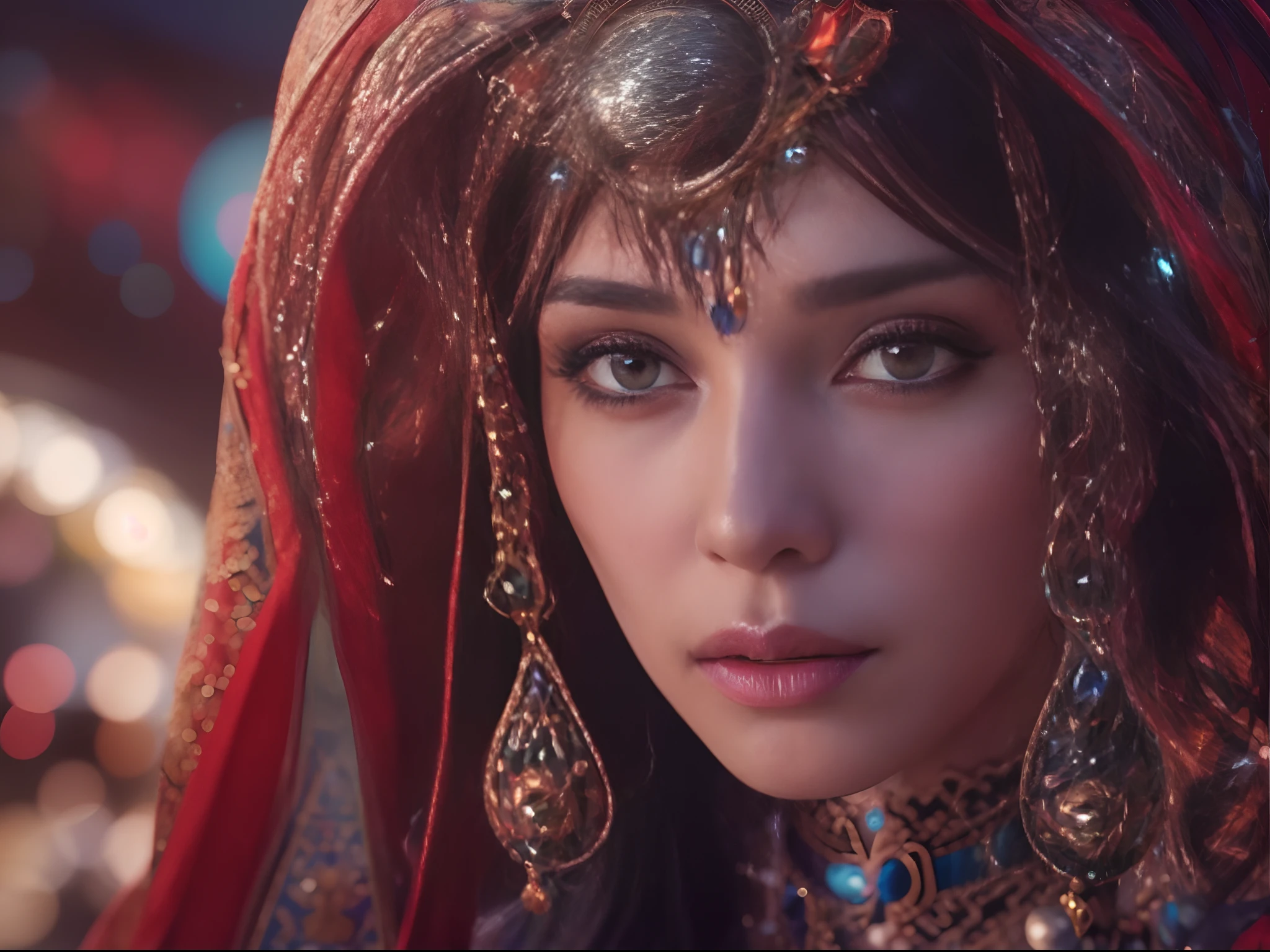 Dilraba Dilmurat as Space Alien android Gypsy fortuneteller, futuristic ethnic Romani dress, close up, portrait, round huge crystal ball with stars of galaxy within, heavy makeup, running eyes mascara, very detailed beautiful face, fair smooth glowing skin, red lotus bindi on forehead, magical, ethereal, shimmering veil, photorealistic, hyperrealism, vray, unreal engine, professional photography, DSLR, HDR