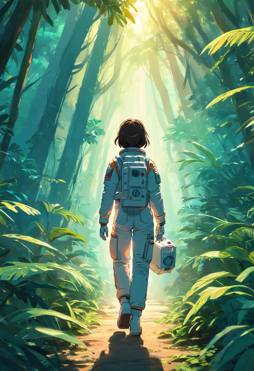 Astronaut walking in the jungle, sony a7r, 50mm lens, morningglow, 8K