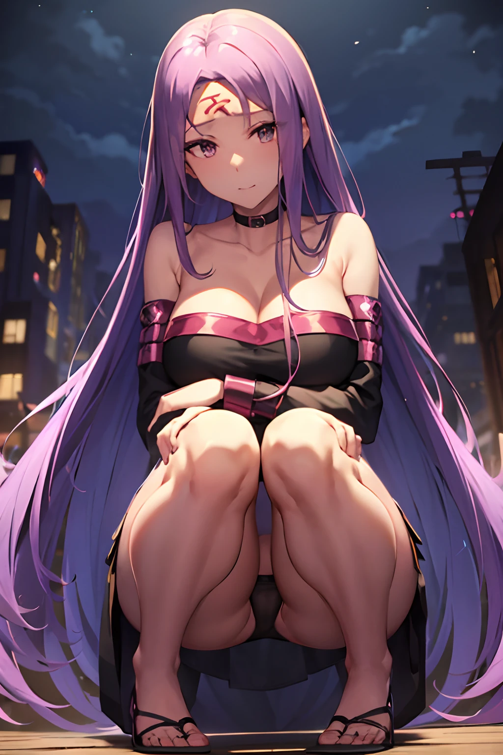 Best Quality, (masutepiece:1.2), Highly detailed,Fate/Stay in the background, Night, Cityscape, city, Blue theme,Medusa_nffsw,1girl in, Solo,  Looking at the viewer, Closed mouth,absurdly long hair, Purple hair, Floating hair,Dress, Short dress, thighs thighs thighs thighs, Strapless, Detached sleeves, forehead mark, Choker, cleavage、Naughty big、large full breasts、(Black panties:1.3)、(Fully exposed panties:1.5)、(Squatting:1.3)