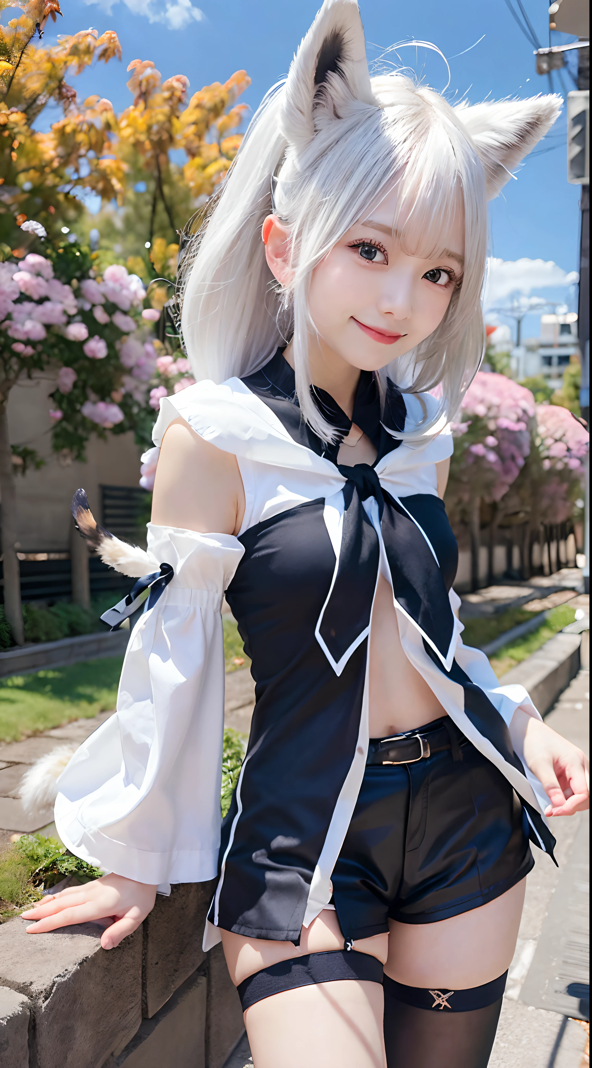 1girl in, Solo,, tree, cobblestone road, Cowboy Shot, [Leaning forward], Fubuki Default, White blouse, [Midriff::0.3], Detached sleeves, Black Short Shorts, Blue neckerchief, Thigh strap, single thighhigh, Fox tail, Single-sided marshalling, Ahoge, White hair, Smile,look at viewr