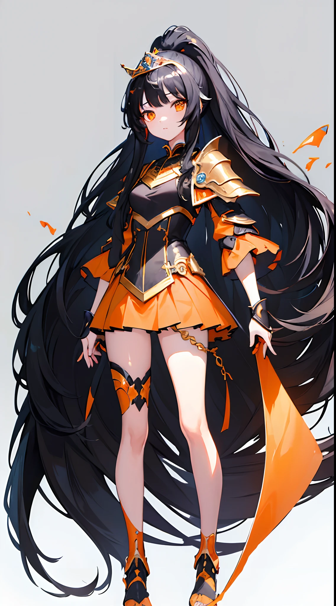 (masterpiece:1.5) (bestquality) highlydetailed ultra-detailed cute (1girl)(black hair) (princess hair:1.2) (bangs) (black long hair:0.8) (high ponytail) (very long hair)(long ponytail braid:0.8) (long straight hair:0.8) (orange eyes) (amber eyes) (blue highlights) armor, full body, long hair, simple background, solo, standing, white background