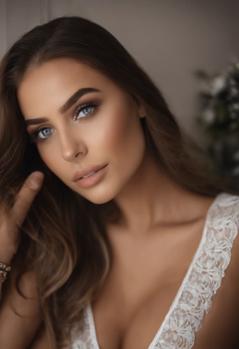 Mulher loira de calcinha de renda e colete branco,Figura grande e perfeita， menina sexy com olhos azuis, Retrato Sophie Mudd, Retrato de Corinna Kopf, cabelos loiros e olhos grandes, selfie de uma jovem mulher, Olhos no quarto, Violeta Myers, Maquiagem desgastada, maquiagem natural, look straight at the camera, Rosto com ArtGram, dezentes Maquiagem, Fotografias deslumbrantes de corpo inteiro, em um quarto, Fission