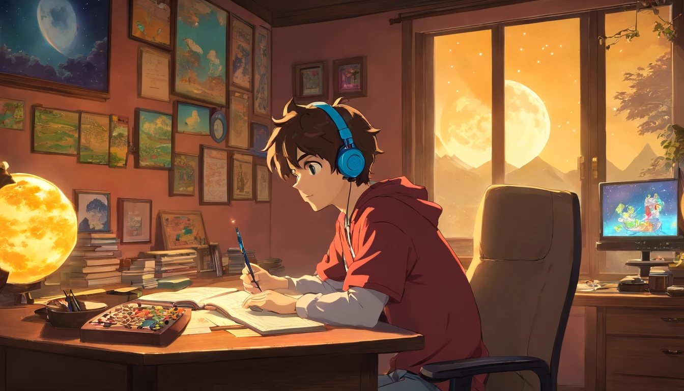 (masterpiece) a boy (male) studying sitting in his room, over his desk, with headphones on, video game and joystick over the desk, nerd decoration, video game on the wall, posters, window showing the moon and stars, calm, peacefull, thinking, Cinematic, Color grading, beautifully color-coded,