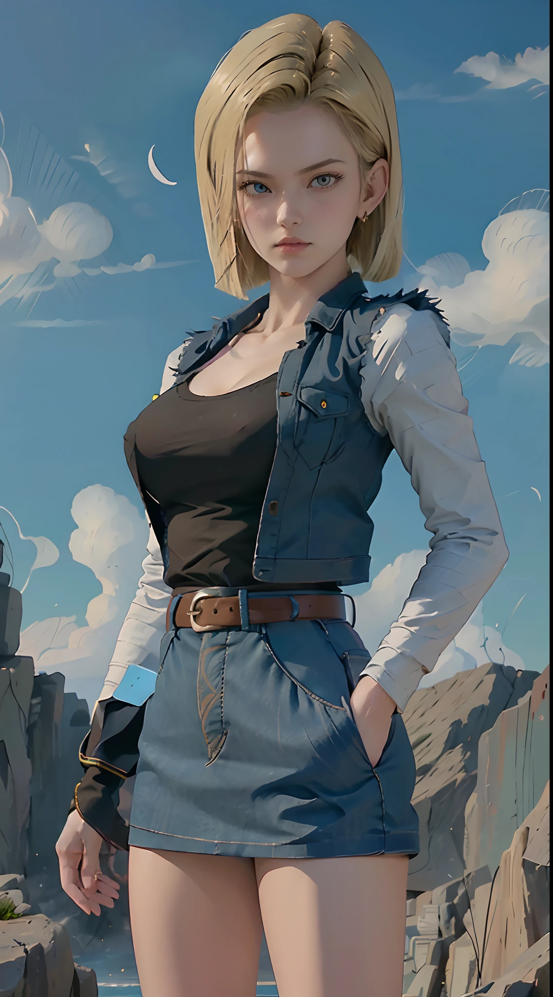 Hyper detailed image, UHD, 16k, professional photo, (Realistic photo of Android-18 from Dragon Ball Z) girl Goddess of beauty, very straight short blonde hair, serious face expression, (she wears a blue denim jacket and a cropped shirt , short white underground showing flesh of the breast), erotic, open denim jacket showing her large, beautiful and perfect breasts, long pointed breasts sticking out of the jacket, (she wears a belt and a blue denim skirt lifted showing micro panties stuck in her pussy), hair bubians showing, brown boots, perfect hands and fingers,
  android 18, sexy saiyan girl, Official Art, Android-18 Sexy female, official character art, sexy female protagonist, lean and fit curved body :8, Akiri Toriyama, Director: Akira Toriyama, Bulma from Dragon Ball, Best Character Design Anime, Akira Toriyama style, beautiful single character, half naked