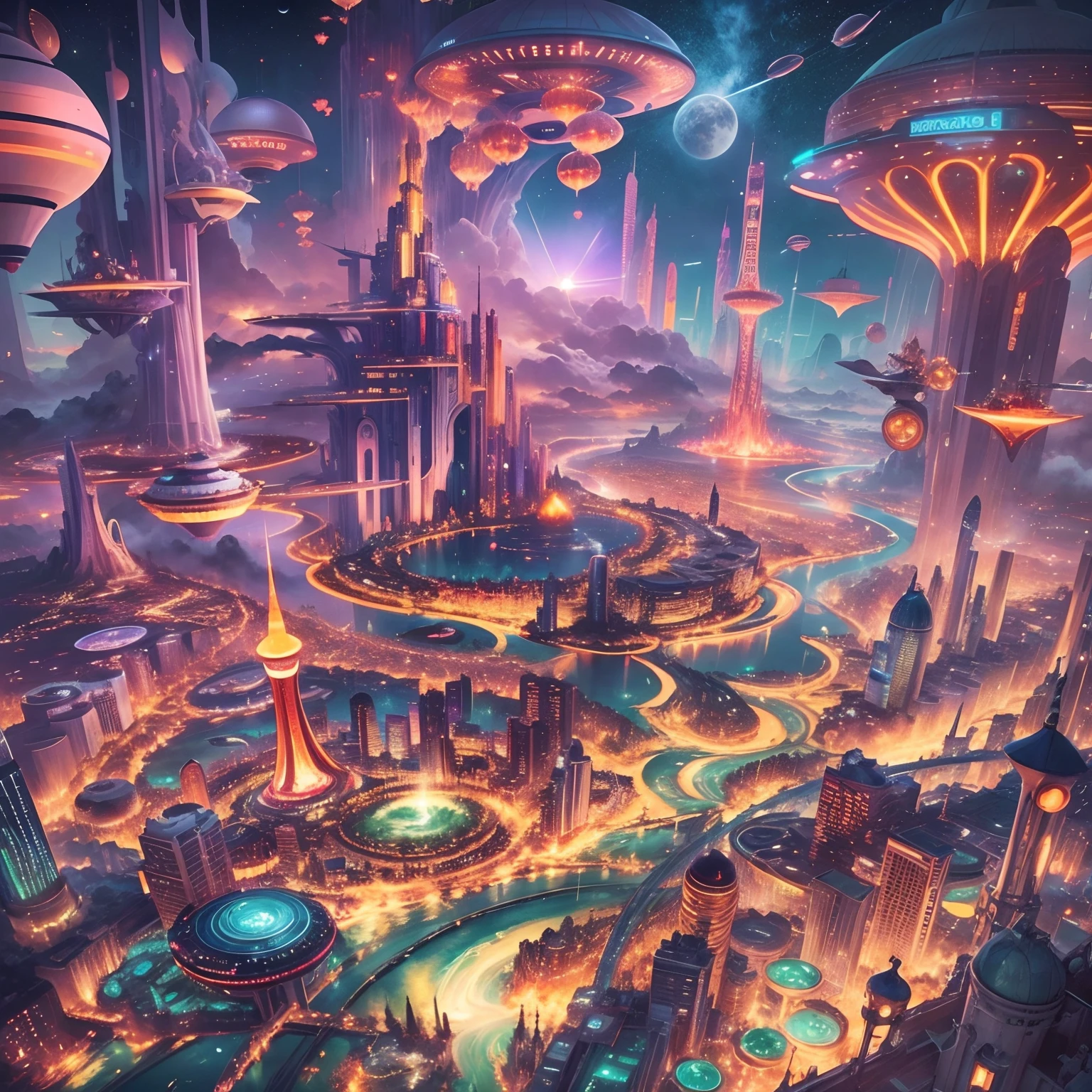 Futuristic cities、Theme parks of the future，Amusement park of the future，Entertainment City，floating in the universe、cyberpunked、Skyscrapers are lined up、A space station、rollercoaster，the Ferris wheel，Huge waterfall attraction，top-quality、​masterpiece、dream、utopian、planet earth、World of Dreams、Fantasia、𝓡𝓸𝓶𝓪𝓷𝓽𝓲𝓬、Beautiful city、Space City、A world far beyond human creation