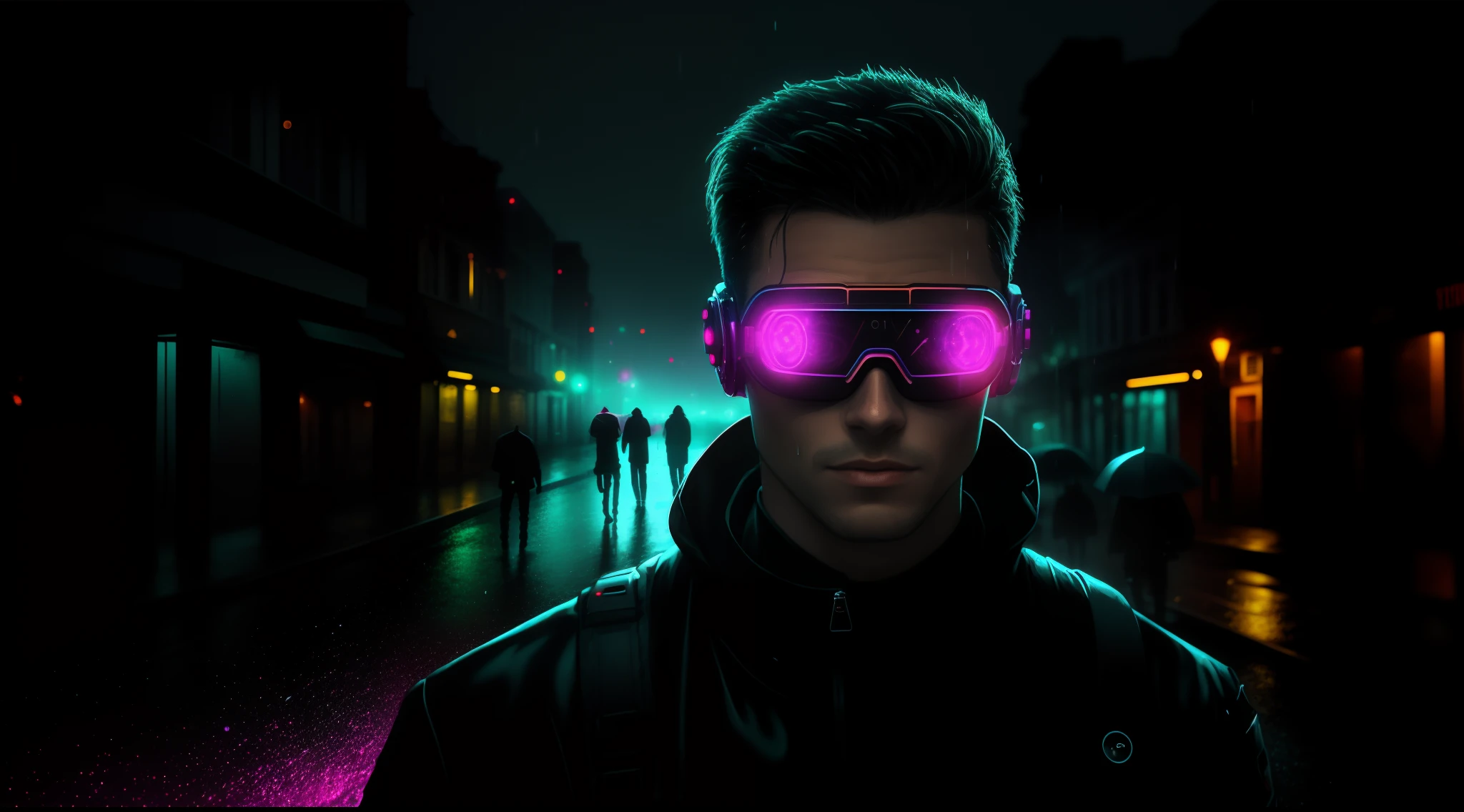 An award winning master piece photo of a cyborg man with psychedelic colors standing in a city street at night in the rain, wearing neon-colored glowing goggles, 8k, (high quality:1.1), (cinematic feeling:1.1), dark deep shadows, incredibly intricate detailing, art , (up close:1.1), from above, looking at viewer, (light sparkles:1.1), (chromatic aberration,:1.2) background with floating light artifacts