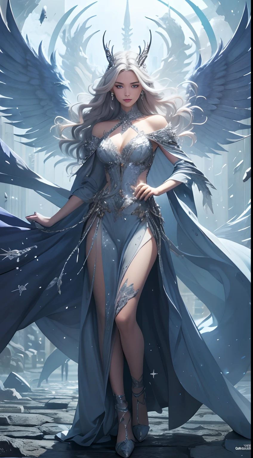 (Best Quality,4K,High resolution), human wolf，(Best Quality,4K,High resolution),silvery-white hair on a white body, body with gray hair all over the body,,,， transform,An abnormal，sharp eye，Luminescent blue eyes，Facial expression enhancement，，Changing the Appearance of a Transform，beast，Beastification，buttle，Delicate illustrations drawn in detail，Realistic skin texture expression，Realistic portrayal，Vibrant colors，expresive，Classic background(Best Quality,4K,High resolution), Comical appearance，(Best Quality,4K,High resolution), 18yo woman, Blue highlights of gray hair, Long hair, Straight hair, Cool Woman,Wolfification of a man，Cold eyes ,sharp eye，intricately decorated torn feather robes，comic strip，animesque，Comical illustration，busy，Deformed cute illustration，Full body projection，Fighting，Halloween，Dark worldview