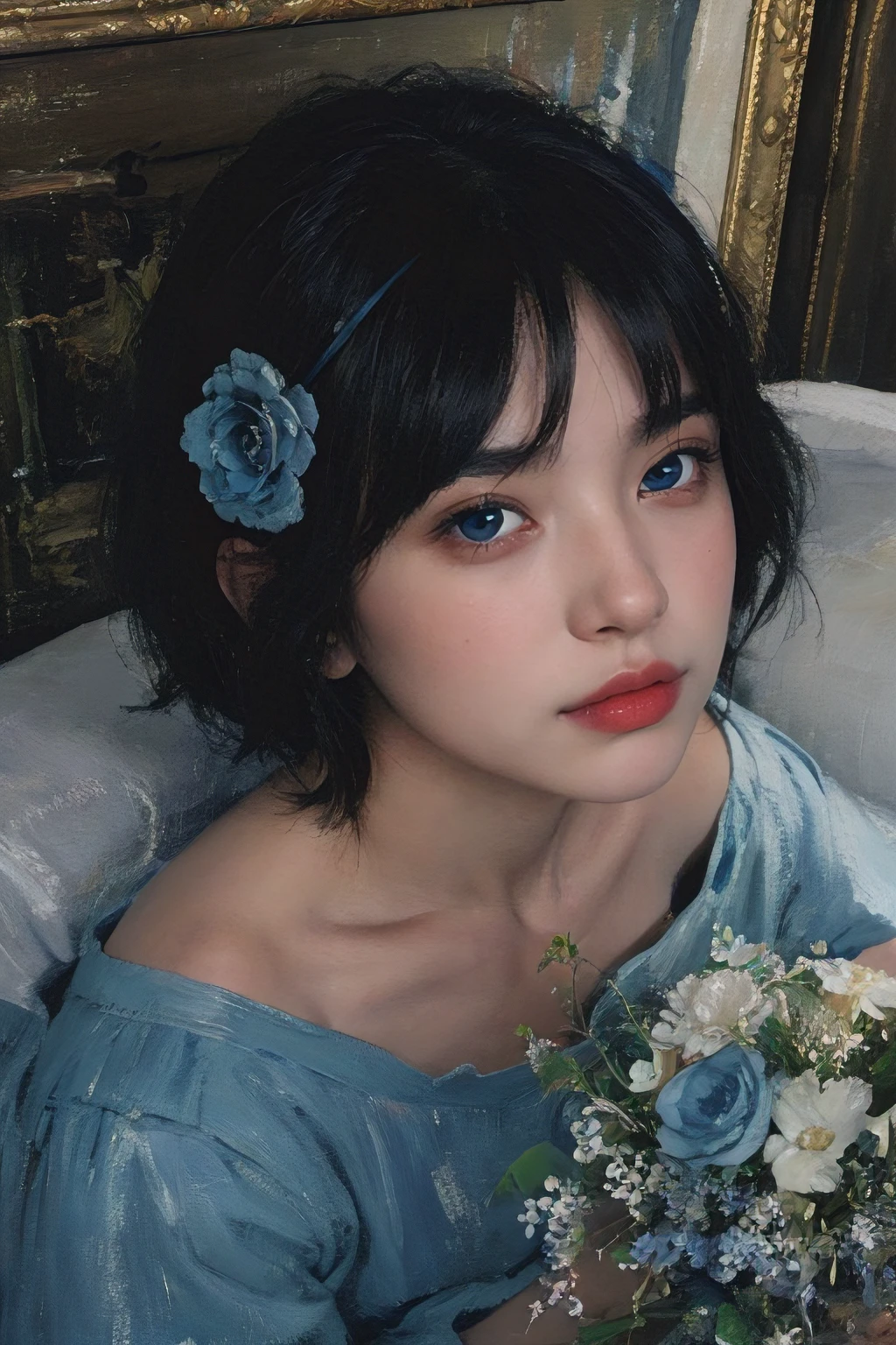 (oil painting:1.5),
\\
a woman with (black short hair with fringe) (blue eyes) and blue rose flowers in her hair is laying down in a field of blue rose flowers, (amy sol:0.248), (stanley artgerm lau:0.106), (a detailed painting:0.353), (gothic art:0.106)