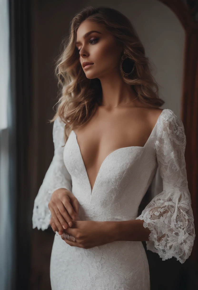 Influenciadora branca realista do Instagram, best quality, louro, 1 girl, olhos azuis, em vestido curto branco apertado