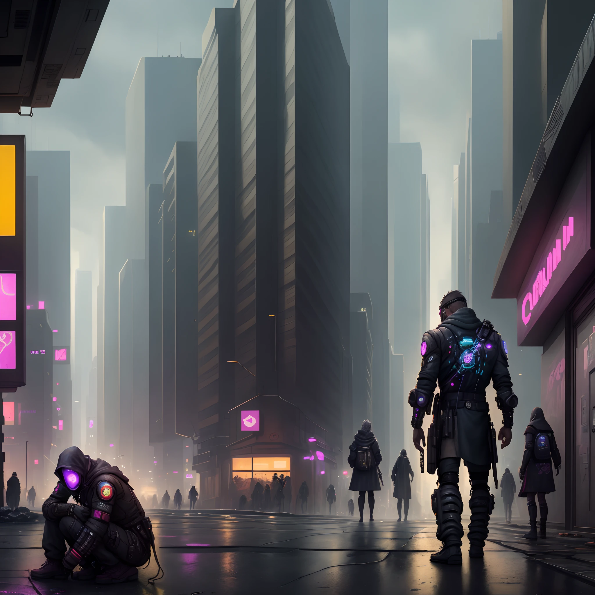 Poor people on a streets in a cyberpunk cit