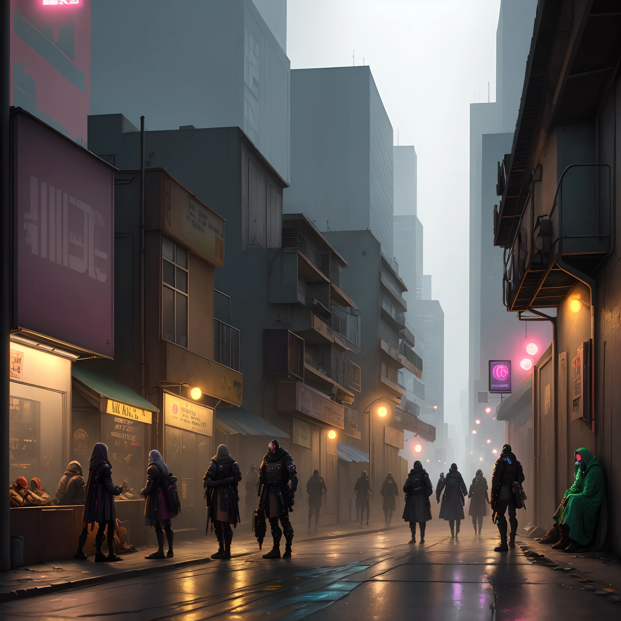 Poor people on a streets in a cyberpunk cit