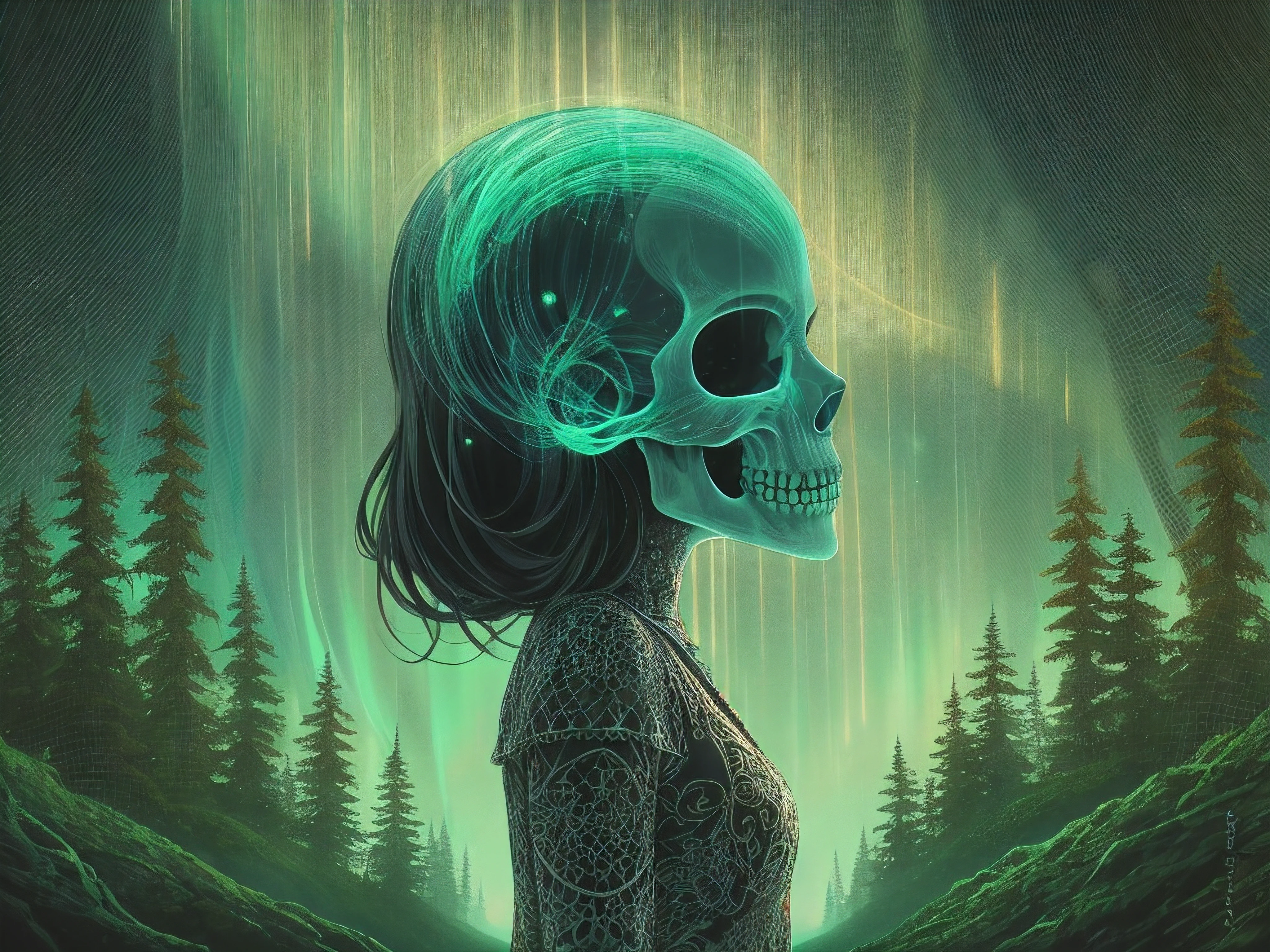 The Aurora skull figure, underneath is a forest, girl looking at the sky