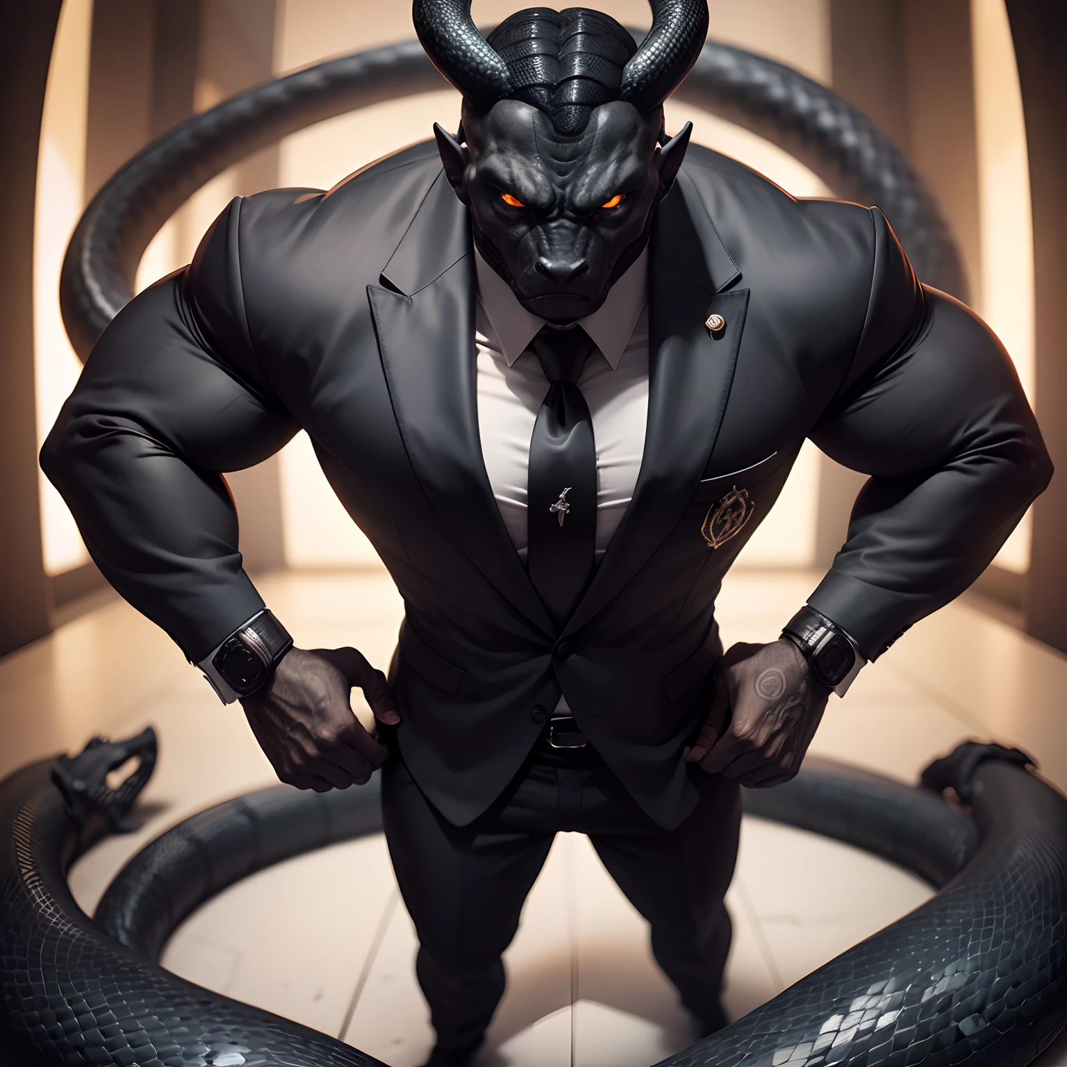 Humanoid snake muscled , with a snake's head black with a tail with 2 huge arms , in suit with a tie , full body