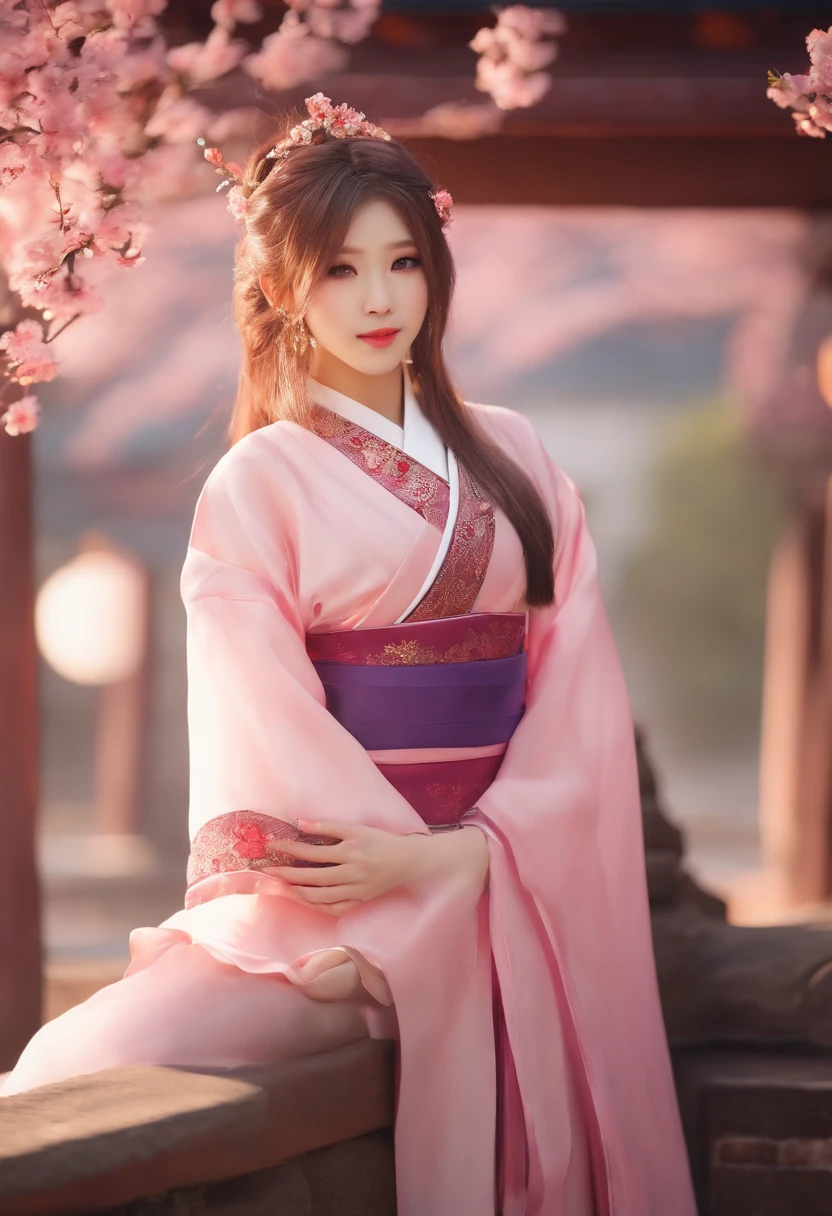 1 Korean girl, (Ulzzang-6500:0.7), Kpop idol, Yae Miko, Detached sleeves, Bare shoulders, Pink hair, Long hair, Japanese clothes, Best quality, (Painting:1.5), (hair adornments:1.35), jewelry, Purple eyes, Earrings, Breasts, Torii,  Cherry blossoms,  Lantern light, Depth of field, Detailed face, Face focus, ribbon_Trim, (view the viewer:1.25), nontraditional miko, Shiny skin, Long sleeves, Smile, Thick lips, Game CG, hands on lips, east asian architecture, (The background is blurred out:1.2), Sitting, desk