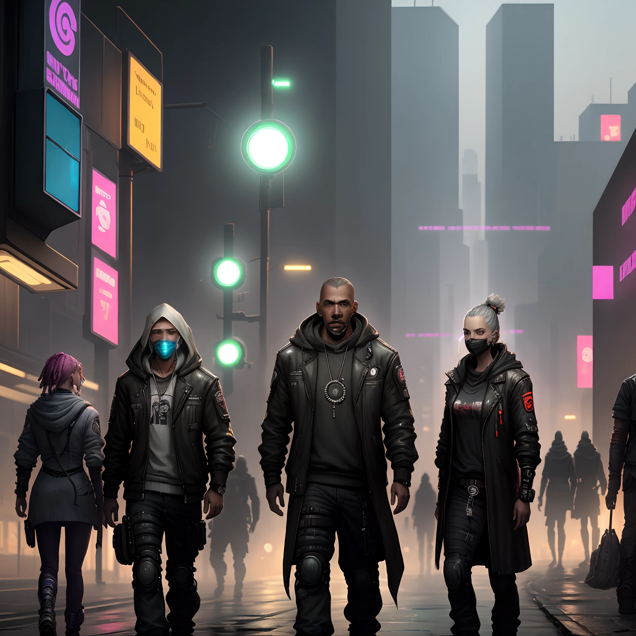 Poor people on a streets in a cyberpunk cit