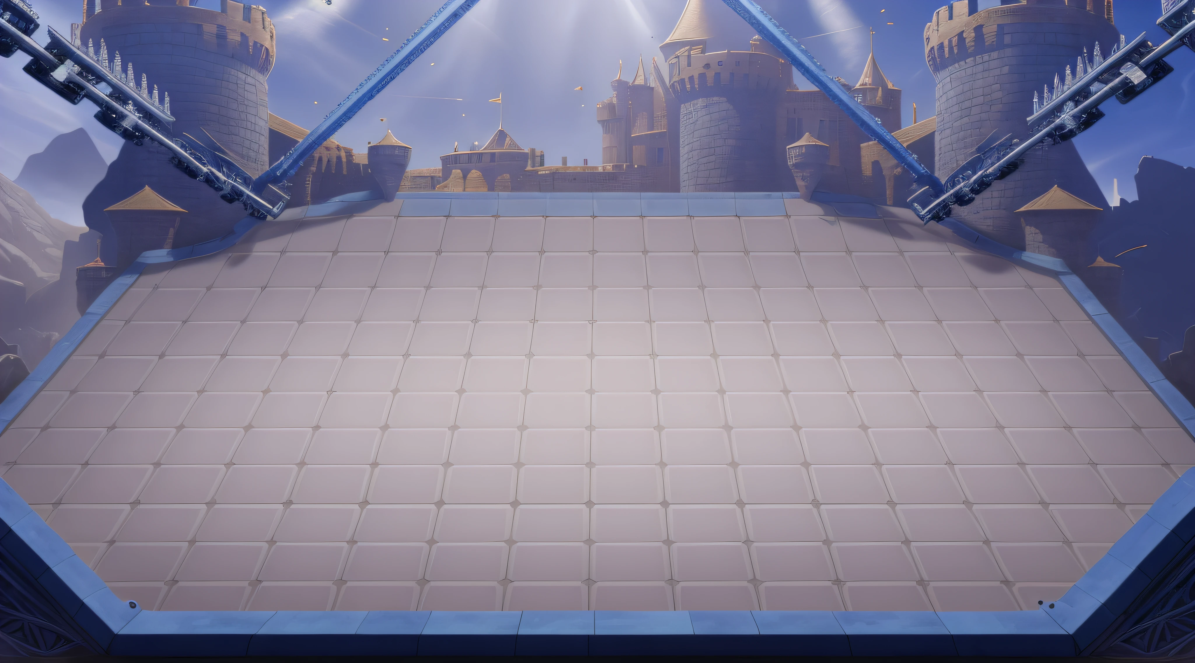 There is a large blue screen,There are pictures of the castle on it, arena background, volley court background, background aerial battle, odin's stone arena background, videogame background, mecha floor, gymnasium background, palace background, battleground background, game overlay, light kingdom backdrop, tiled room squared waterway, ballroom background, background fortress, empty floor, Empty background