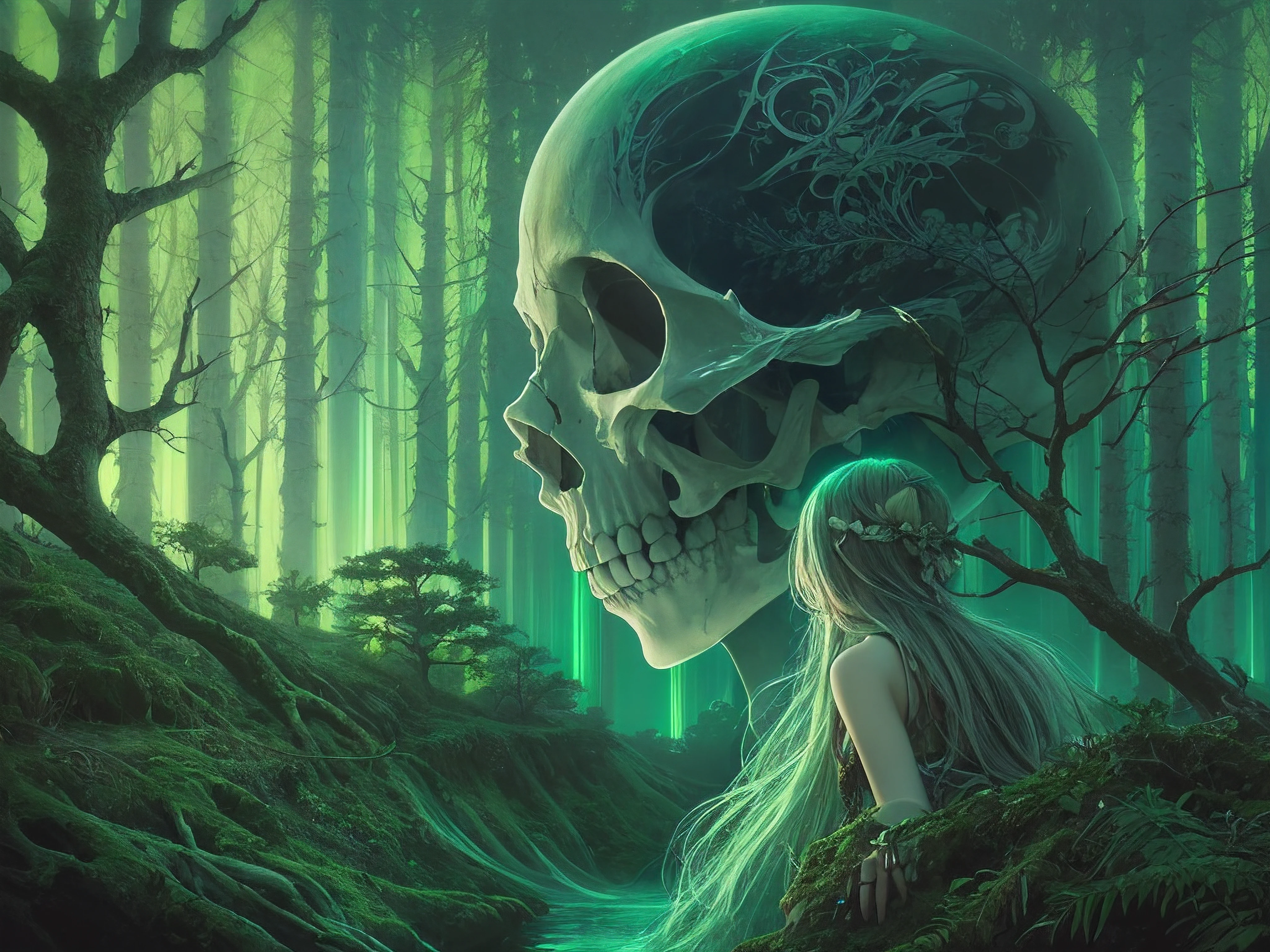 The Aurora skull figure, underneath is a forest, girl looking at the sky