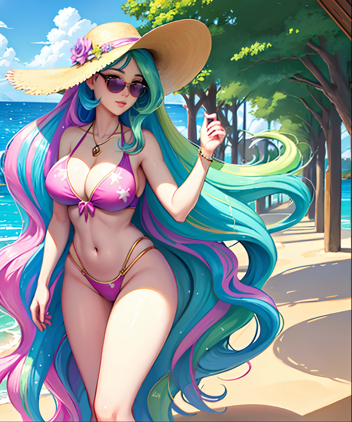 Princess Celestia, Princess Celestia from my little pony, Princess Celestia in the form of a girl, long hair, lush hair, big breasts, voluminous breasts, firm breasts, on the beach, in a swimsuit, pink swimsuit, on schizlong, in sunglasses, in a hat, volumetric shapes, best quality, very detailed, ultra 8k resolution