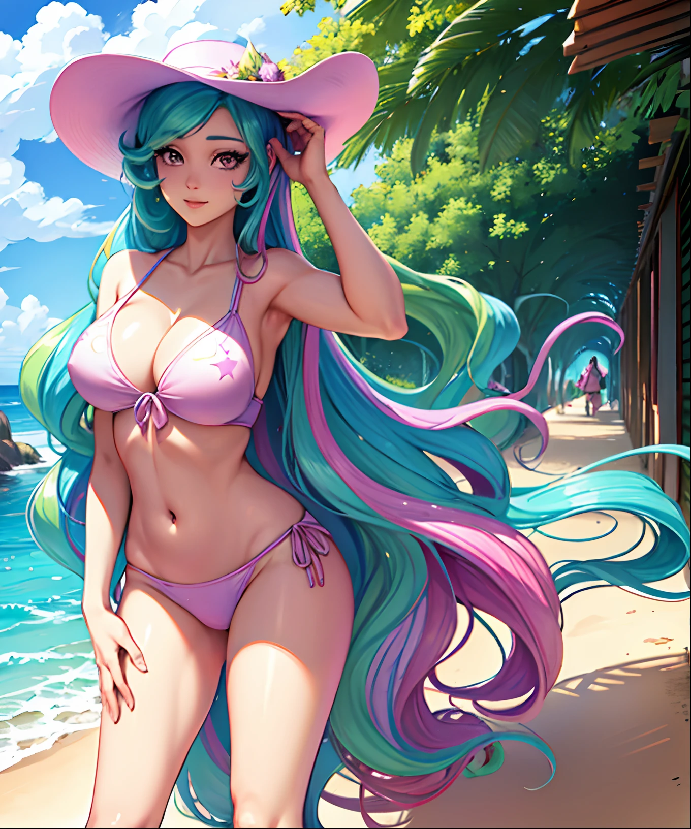 Princess Celestia, Princess Celestia from my little pony, Princess Celestia in the form of a girl, long hair, lush hair, big breasts, voluminous breasts, firm breasts, on the beach, in a swimsuit, pink swimsuit, on schizlong, in sunglasses, in a hat, volumetric shapes, best quality, very detailed, ultra 8k resolution