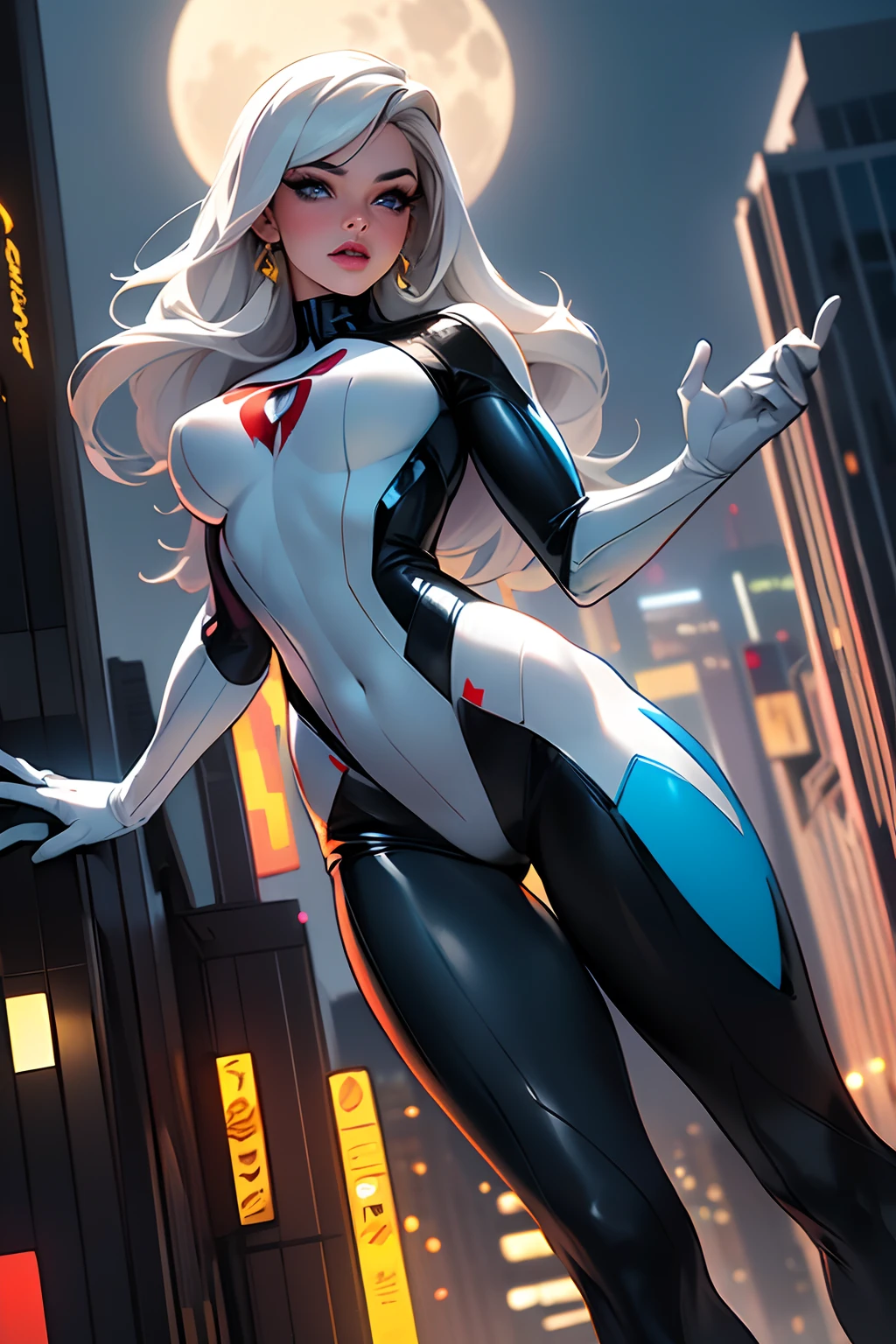 (Masterpiece, 4k resolution, ultra-realistic, very detailed), (White superhero theme, charismatic, there's a girl on top of town, wearing Spider-Man costume, she's a superhero), [ ((perfect face), (perfect eyes), (long white hair:1.2), full body, (blue eyes:1.2), ((Spider-Man pose),show of strength, jumping from one building to another), ((sandy urban environment):0.8)| (cityscape, at night, dynamic lights), (full moon))] # Explanation: The Prompt mainly describes a 4K painting of ultra-high definition, very realistic, very detailed. It shows a superheroine at the top of the city, wearing a Spider-Man costume. The theme in the painting is a white superhero theme, the female protagonist has long white hair, young woman, and her entire body is shown in the painting. In terms of portraying the actions of superheroines, spiders are employed