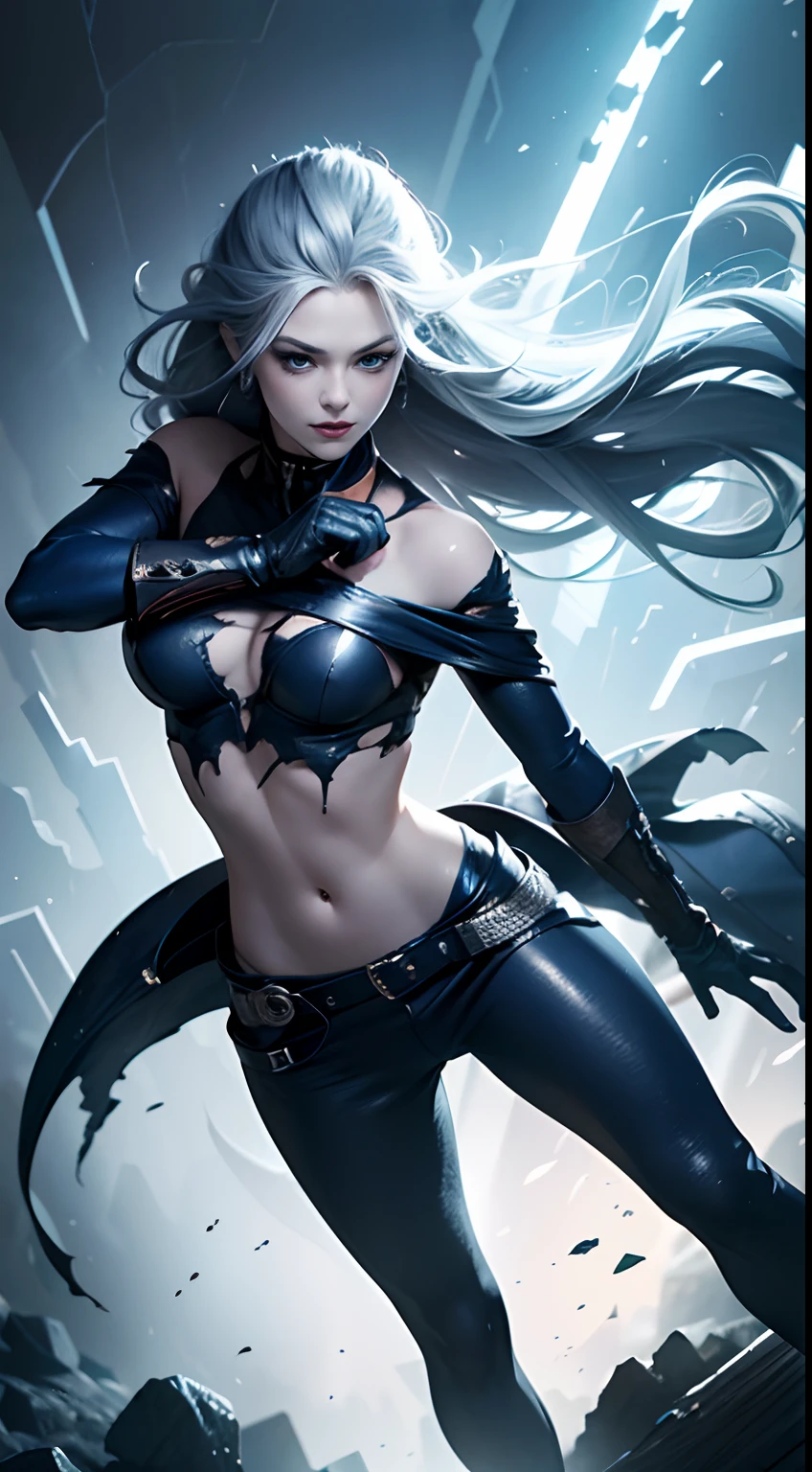 (Best Quality,4K,High resolution), Dark Hero,Superhumanization、(Best Quality,4K,High resolution),transform,An abnormal,sharp eye,Luminescent blue eyes,Facial expression enhancement,,Changing the Appearance of a Transform,Over Totosman,buttle,Reproduce delicate and realistic skin texture in detail,musculature、Realistic portrayal,Vibrant colors,expresive,Classic background(Best Quality,4K,High resolution), Comical appearance,(Best Quality,4K,High resolution), 18yo woman, Blue highlights of gray hair, Long hair, Straight hair, Cool Woman,Superhumanization,Cold eyes ,sharp eye,Torn white and blue clothes with intricate decoration,comic strip,animesque,Comical illustration,busy,Deformed cute illustration,Full body projection,Doomsday World,Fighting,Dark worldview,Delicately reproduced dynamism、Combat stance
