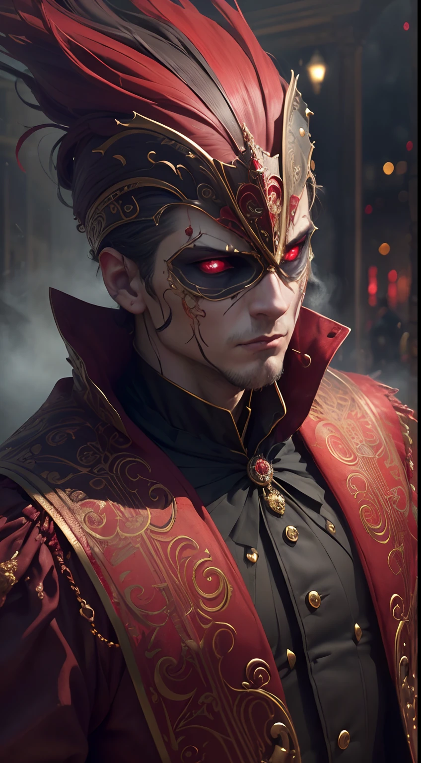 (emotion intuition tension darkness self-expression:1.3), (surreal, dystopian, horror:1.5), dressed in red and gold courtcoat with a Venetian carnival Mask,
(foggy background, epic realistic, rutkowski, hdr, intricate details, hyperdetailed, cinematic, rim light),
(((masterpiece  action pose))),
(extremely detailed CG octane render 8k wallpaper), trending of Artstation,