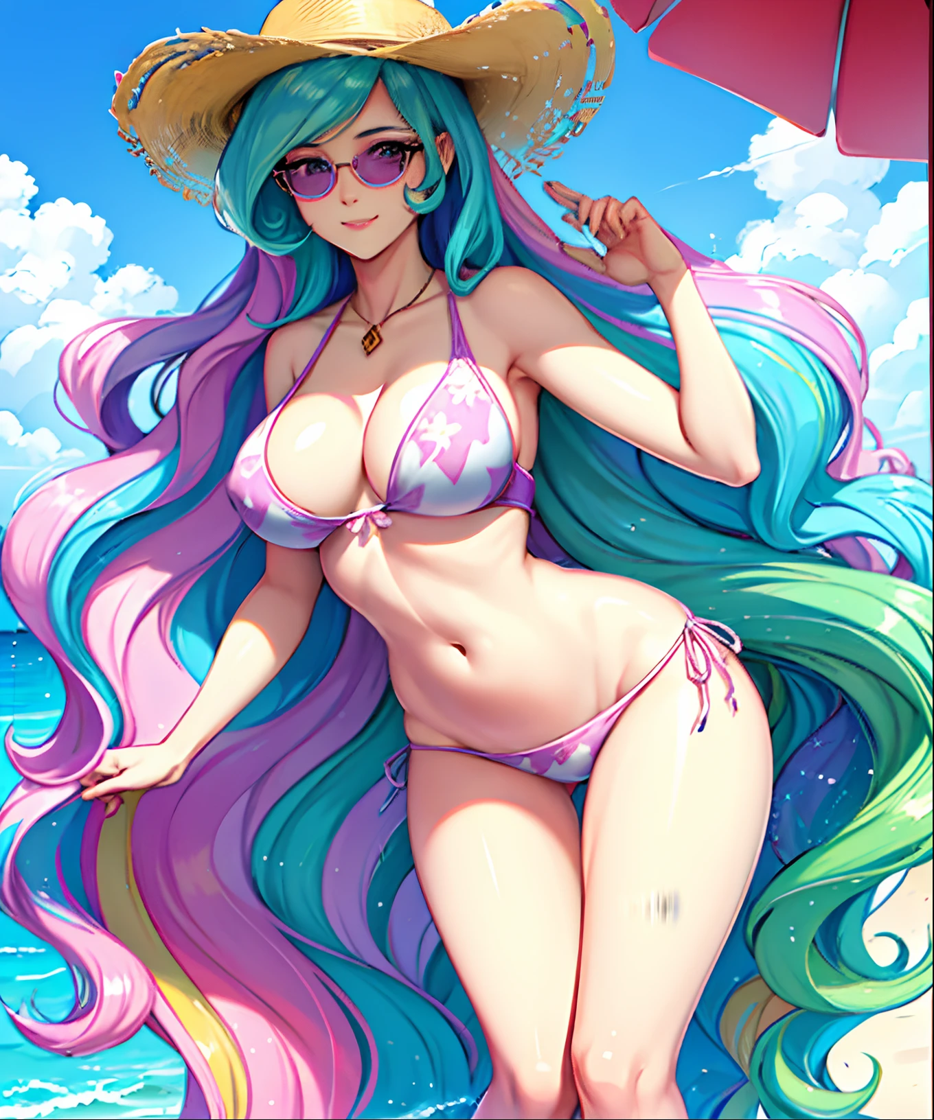 Princess Celestia, Princess Celestia from my little pony, Princess Celestia in the form of a girl, long hair, lush hair, big breasts, voluminous breasts, firm breasts, on the beach, in a swimsuit, pink swimsuit, on schizlong, in sunglasses, in a hat, volumetric shapes, best quality, very detailed, ultra 8k resolution